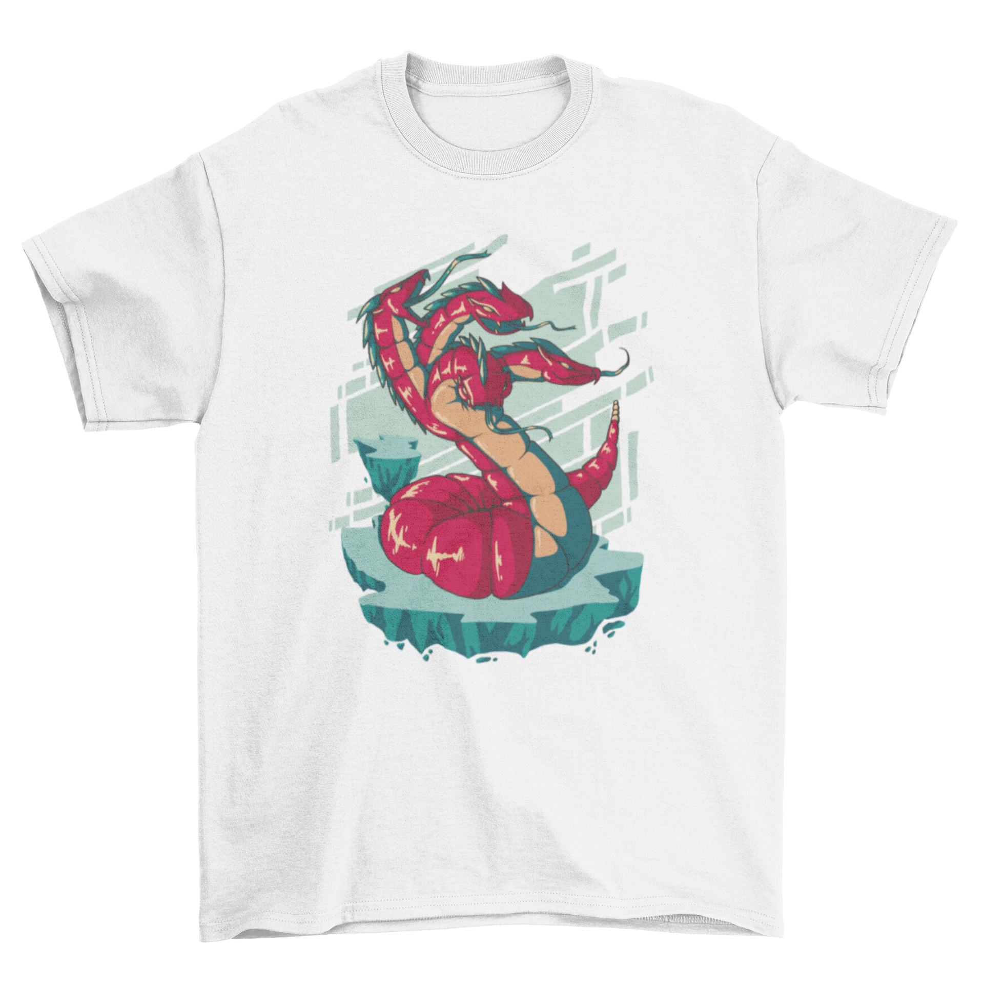 Hydra nightmare monster t-shirt featuring a multi-headed sea creature design, showcasing vibrant colors and intricate details.