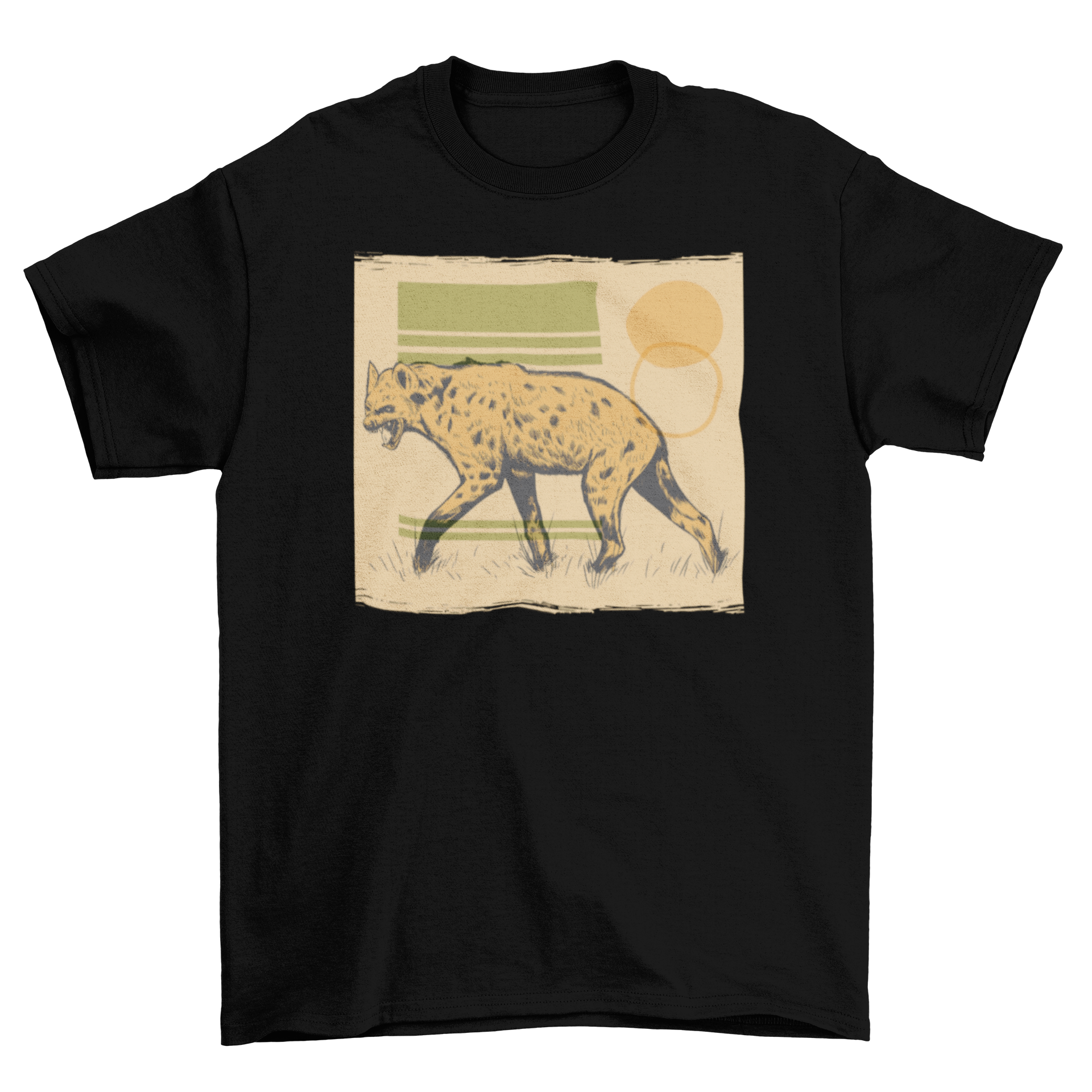 A stylish t-shirt featuring a detailed illustration of a hyena, showcasing its unique features and vibrant colors.