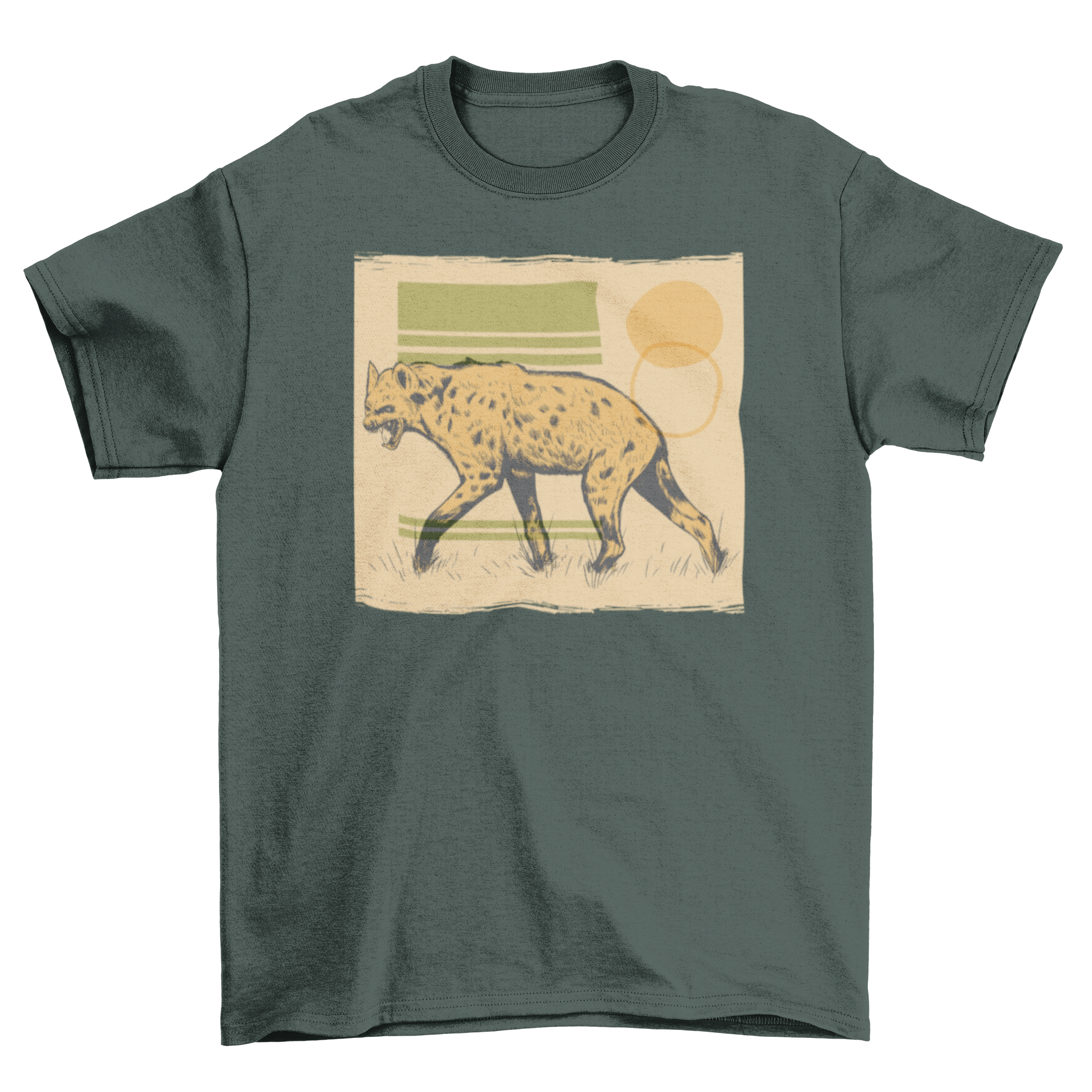 A stylish t-shirt featuring a detailed illustration of a hyena, showcasing its unique features and vibrant colors.