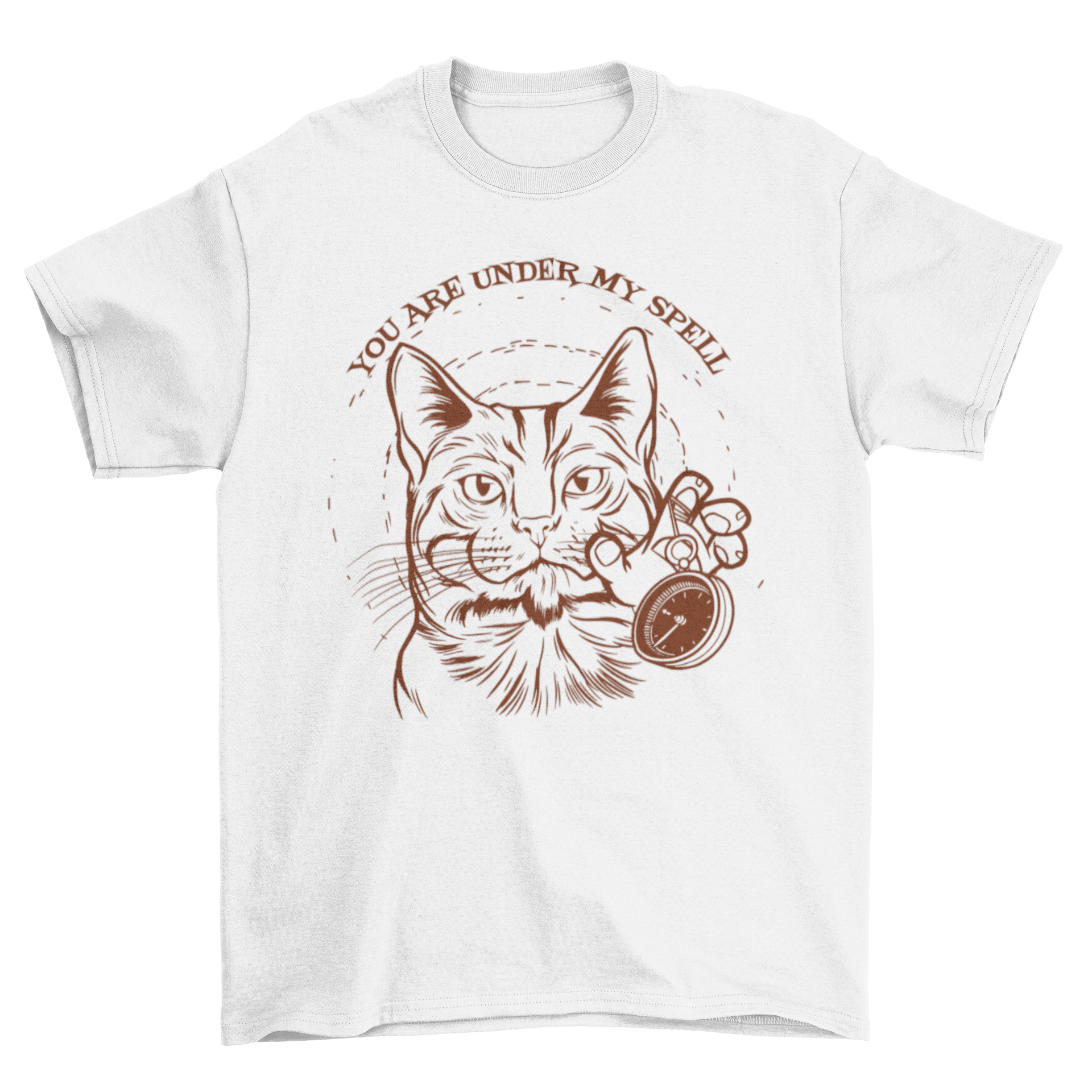 A whimsical t-shirt featuring a hypnotizing cat with a watch and the quote 'You are under my spell'.