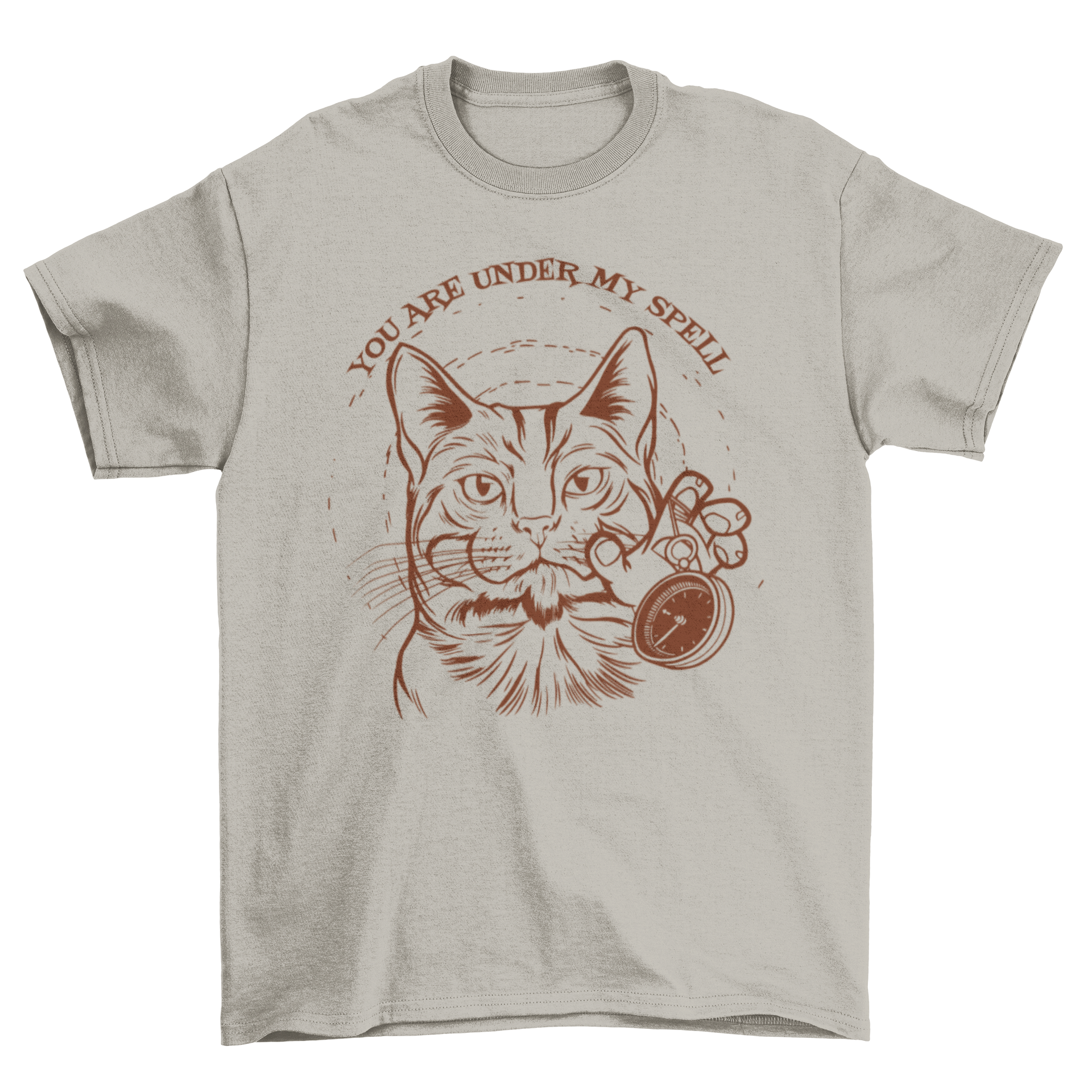 A whimsical t-shirt featuring a hypnotizing cat with a watch and the quote 'You are under my spell'.