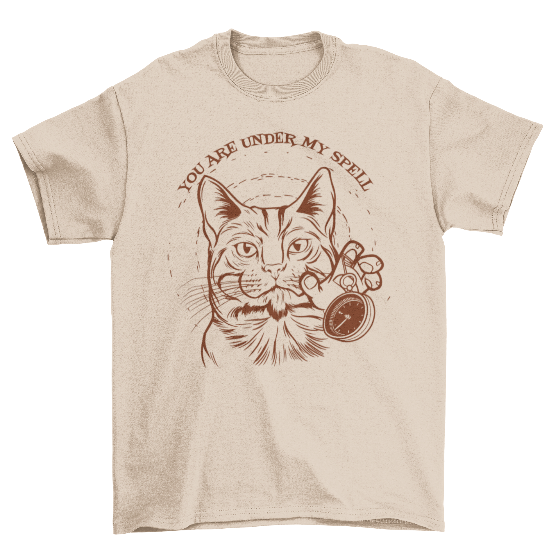 A whimsical t-shirt featuring a hypnotizing cat with a watch and the quote 'You are under my spell'.