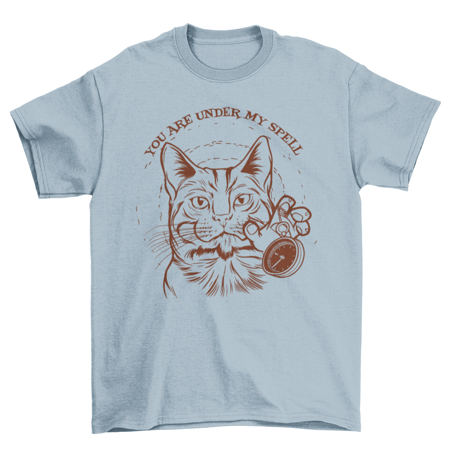 A whimsical t-shirt featuring a hypnotizing cat with a watch and the quote 'You are under my spell'.