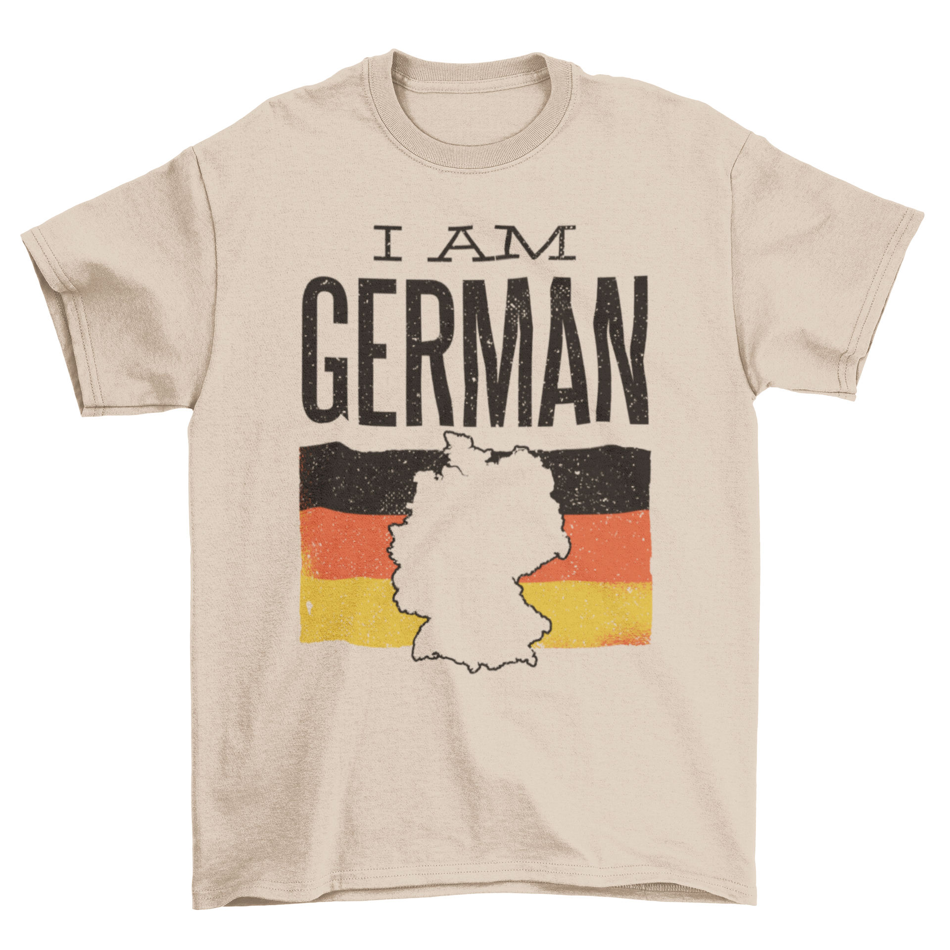 A stylish t-shirt featuring the German flag and the phrase 'I am German', perfect for showcasing national pride.