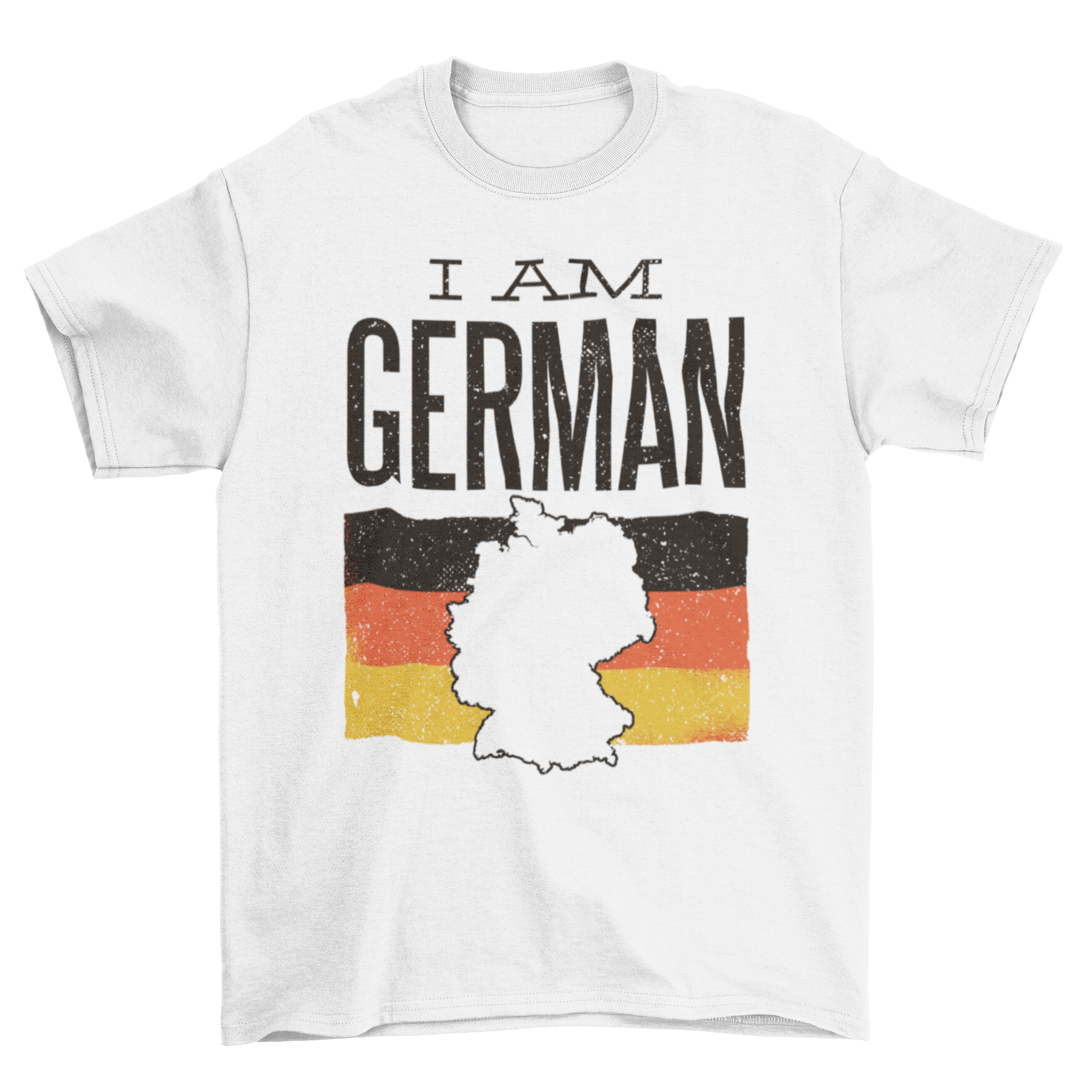 A stylish t-shirt featuring the German flag and the phrase 'I am German', perfect for showcasing national pride.