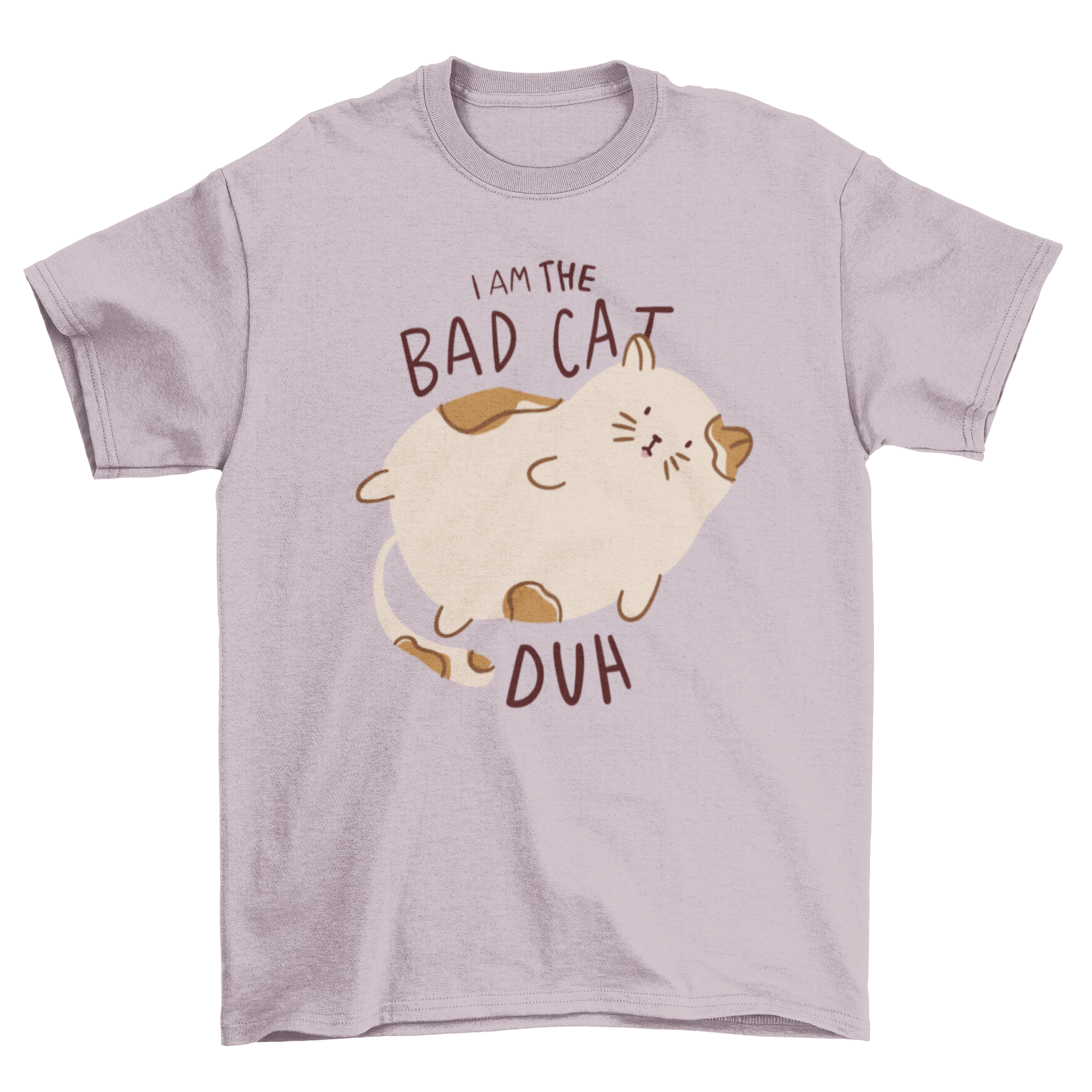 A playful t-shirt featuring a round cat graphic and the quote 'I am the bad cat duh', perfect for cat lovers.