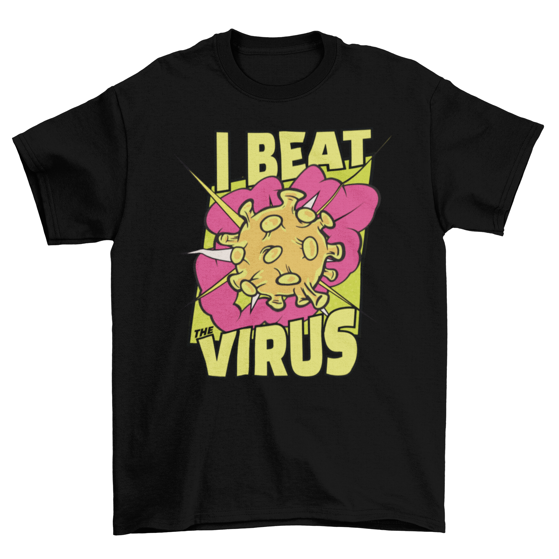 I Beat Virus T-shirt featuring a comic-style virus design and bold text.