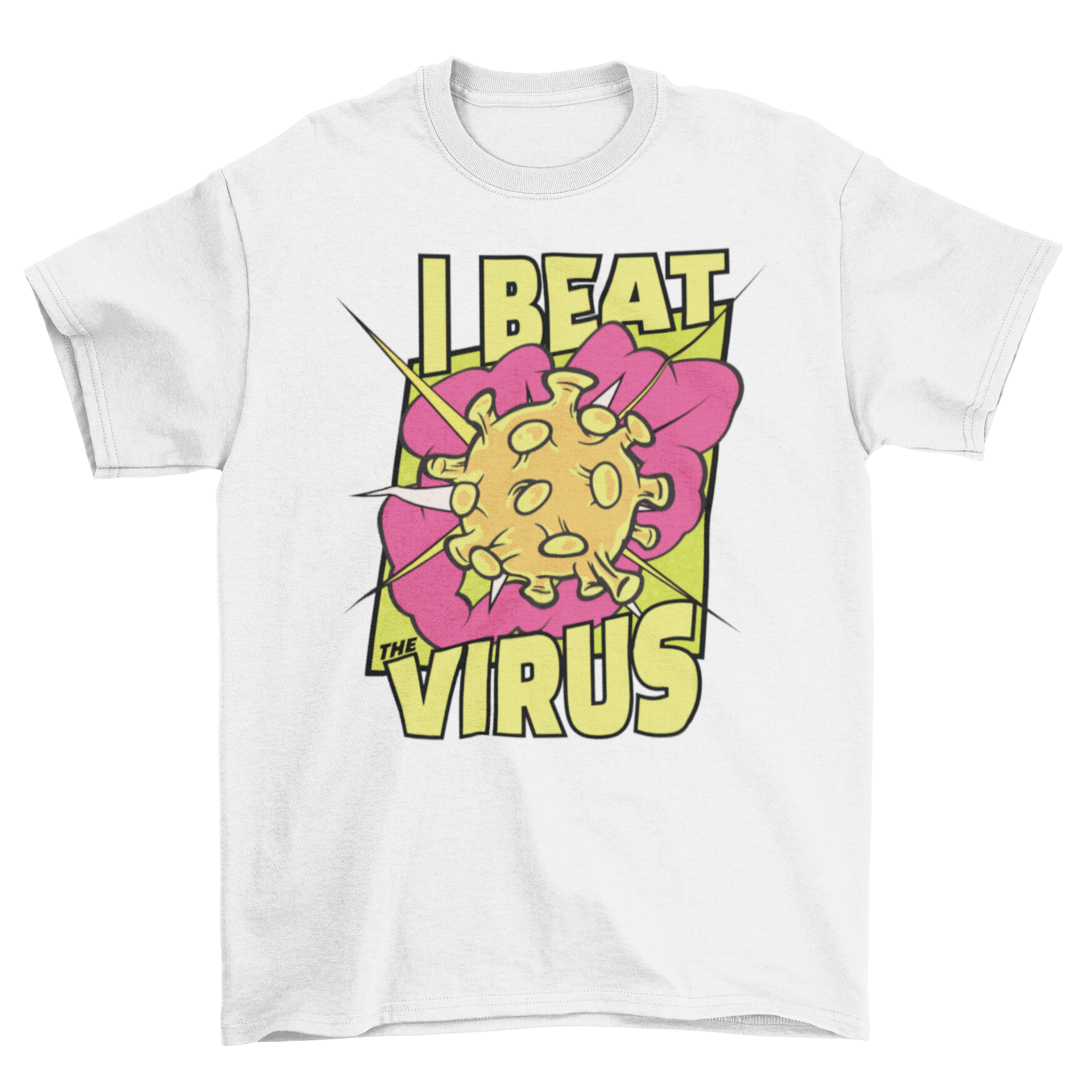 I Beat Virus T-shirt featuring a comic-style virus design and bold text.