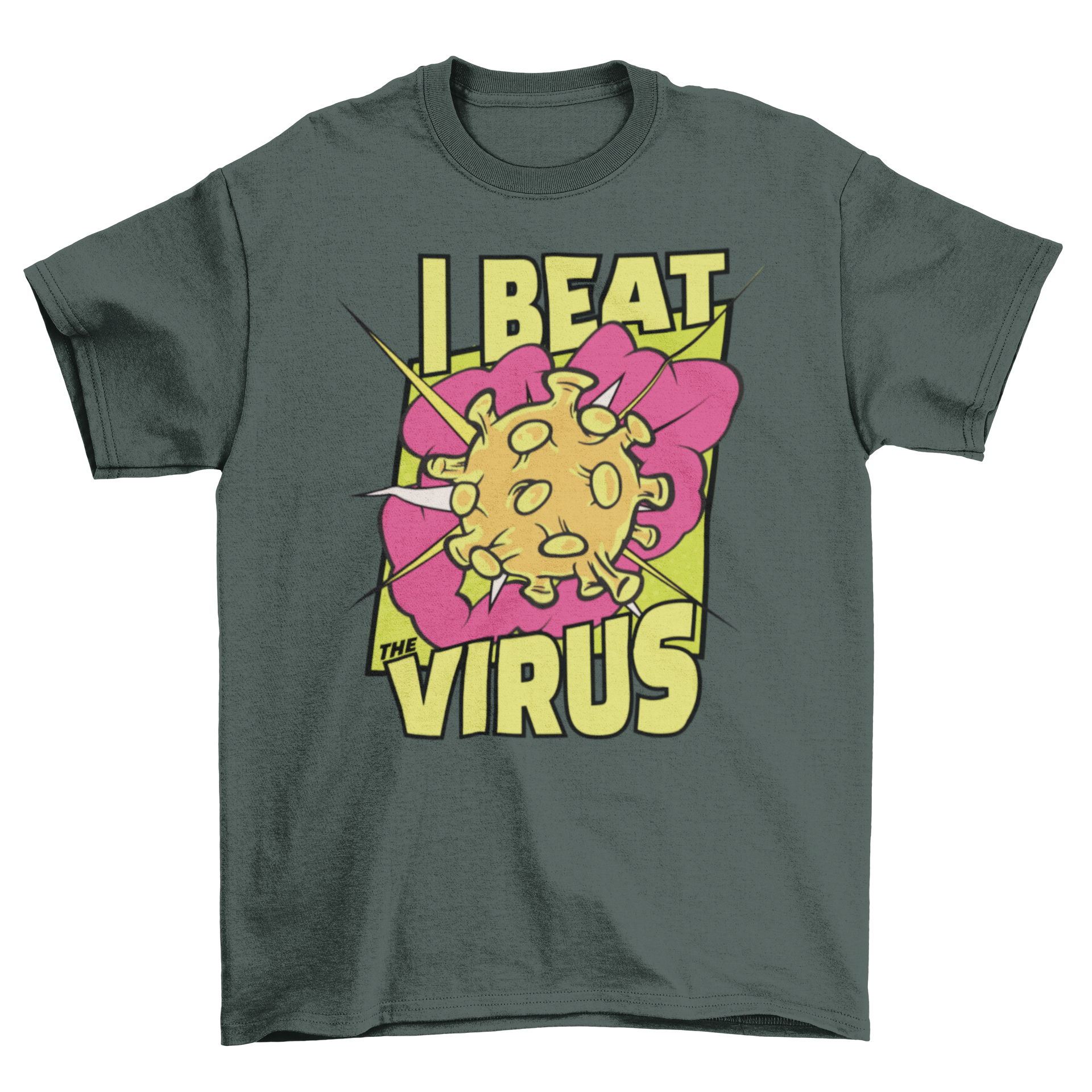 I Beat Virus T-shirt featuring a comic-style virus design and bold text.