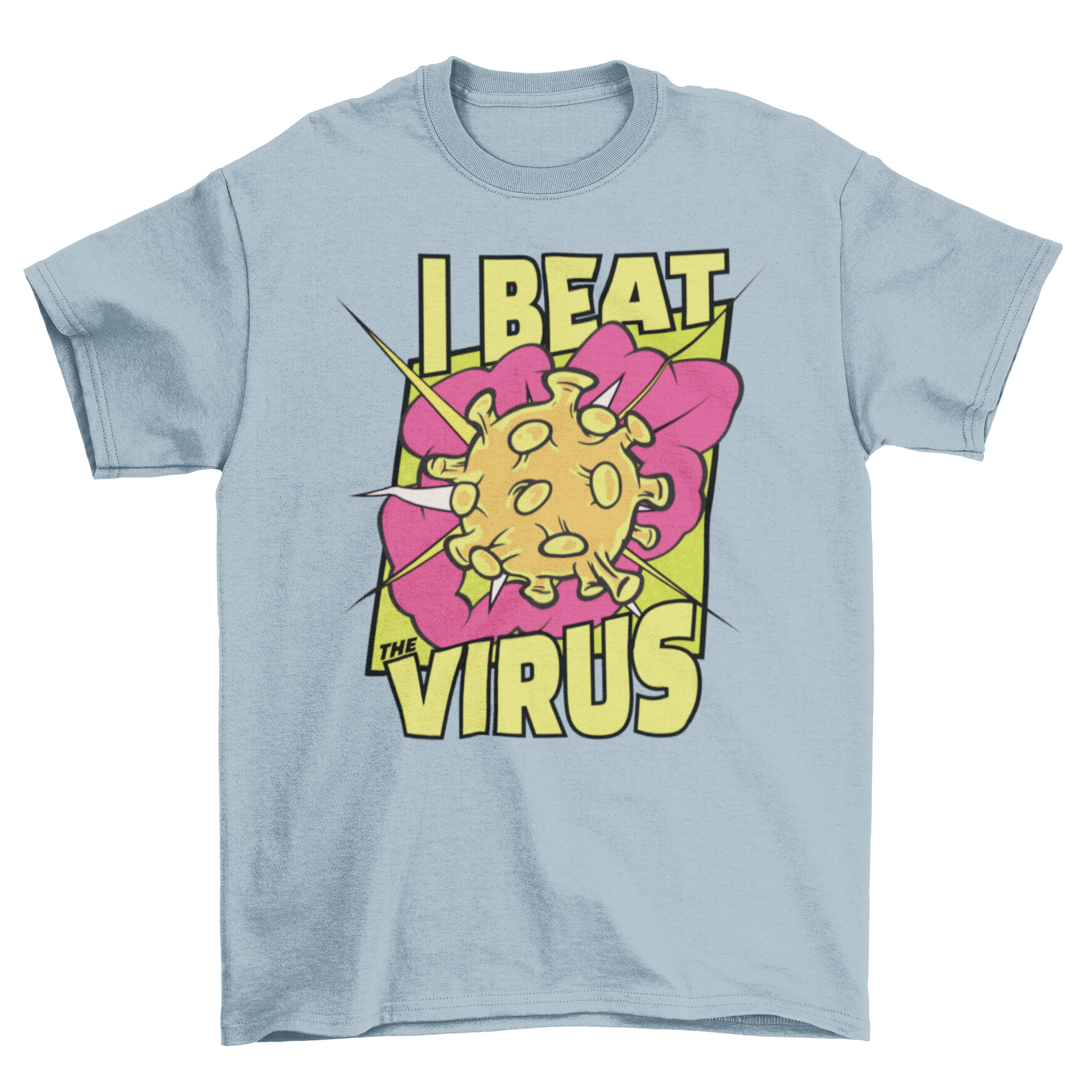 I Beat Virus T-shirt featuring a comic-style virus design and bold text.