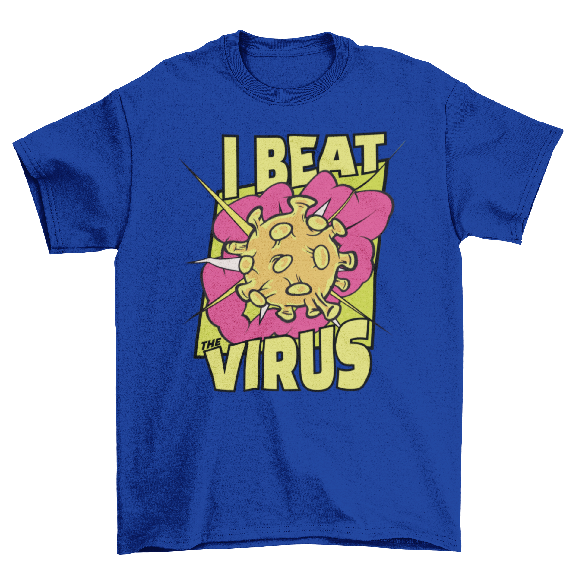 I Beat Virus T-shirt featuring a comic-style virus design and bold text.