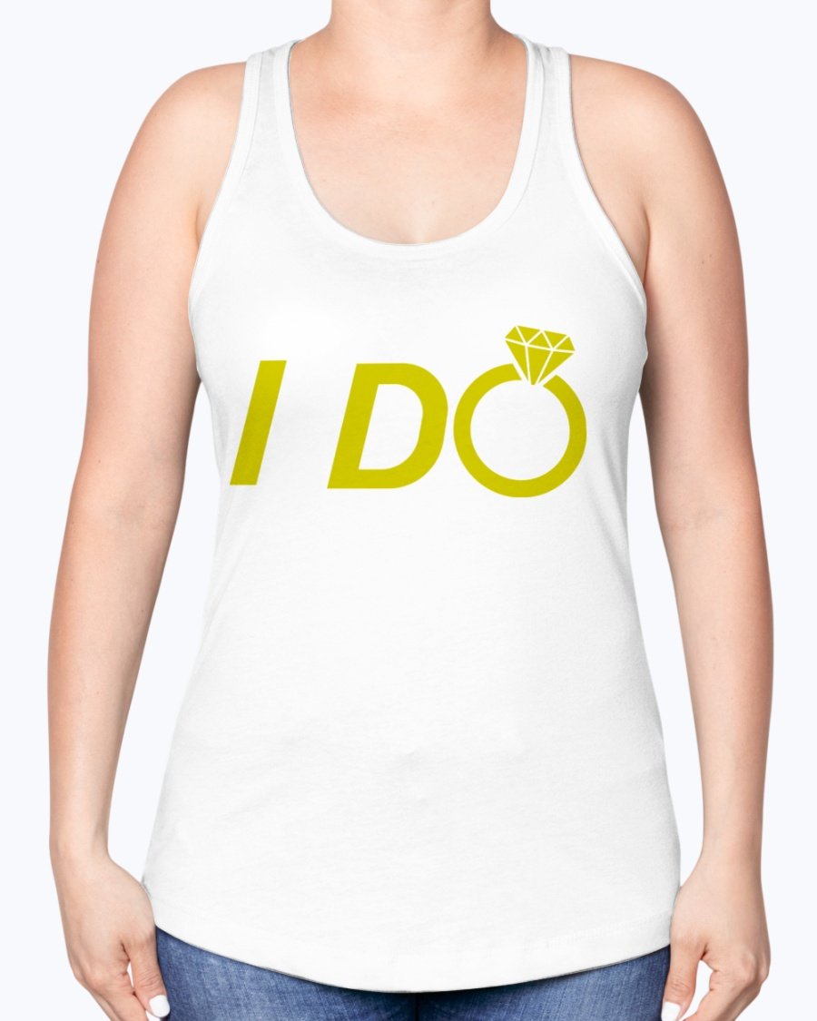 I Do Bridal Racerback Tank in white with elegant lettering, perfect for brides and wedding parties.