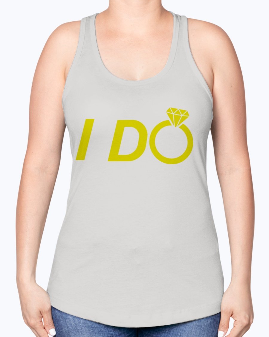 I Do Bridal Racerback Tank in white with elegant lettering, perfect for brides and wedding parties.