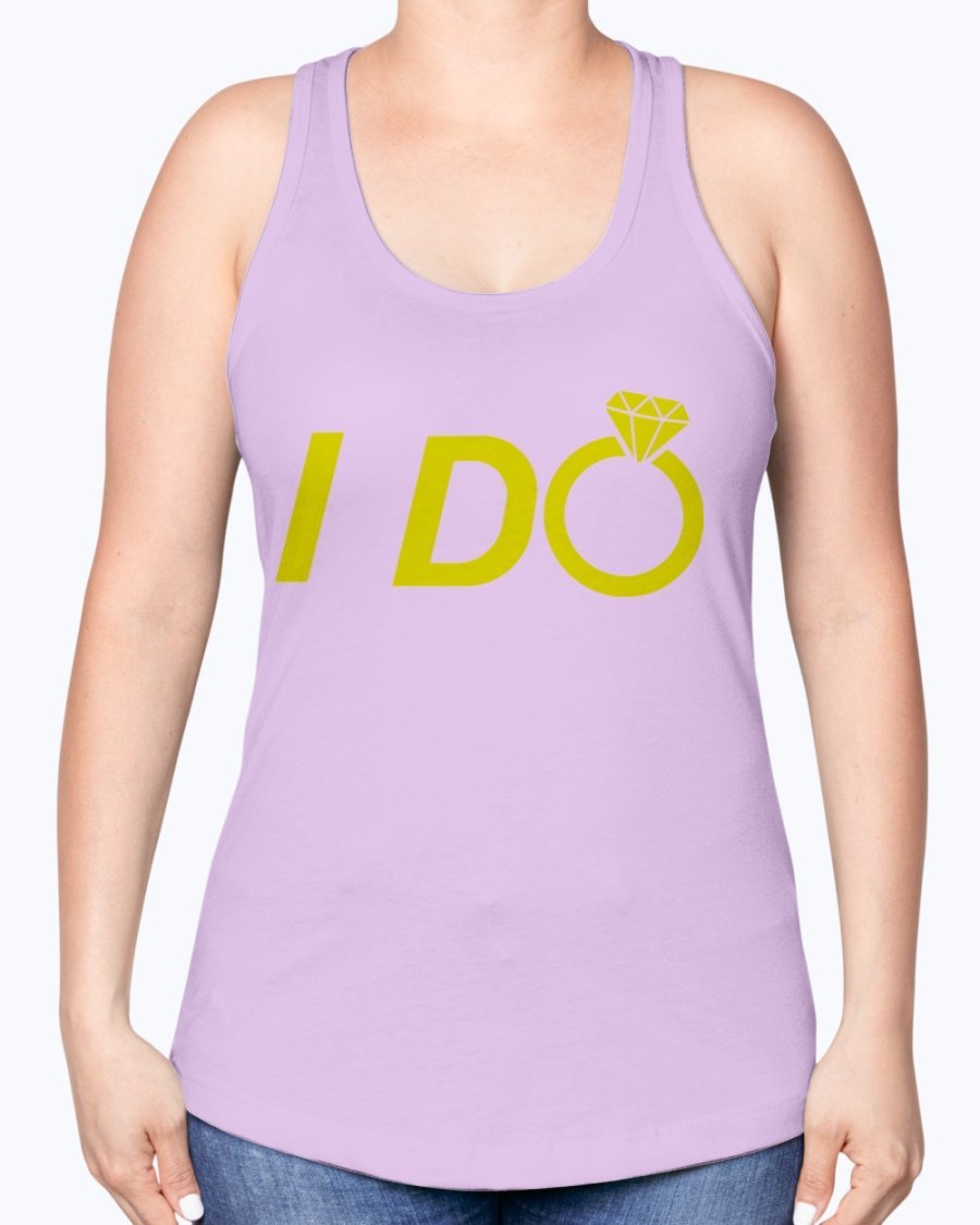 I Do Bridal Racerback Tank in white with elegant lettering, perfect for brides and wedding parties.