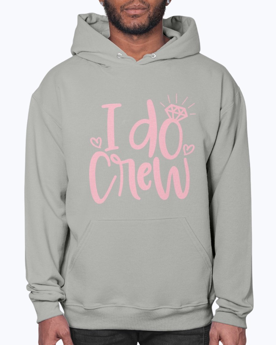 I Do Crew Bridal Hoodie in soft fleece, featuring a front pouch pocket and stylish drawcord, perfect for brides and their wedding party.