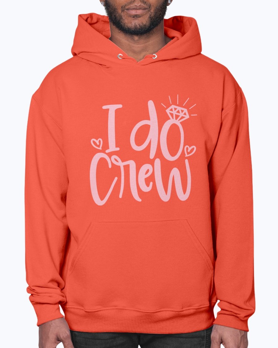 I Do Crew Bridal Hoodie in soft fleece, featuring a front pouch pocket and stylish drawcord, perfect for brides and their wedding party.