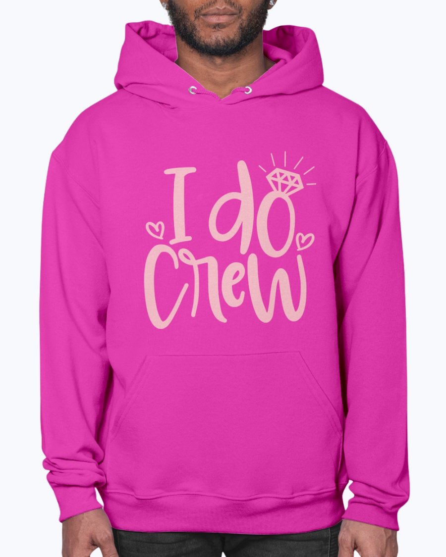 I Do Crew Bridal Hoodie in soft fleece, featuring a front pouch pocket and stylish drawcord, perfect for brides and their wedding party.