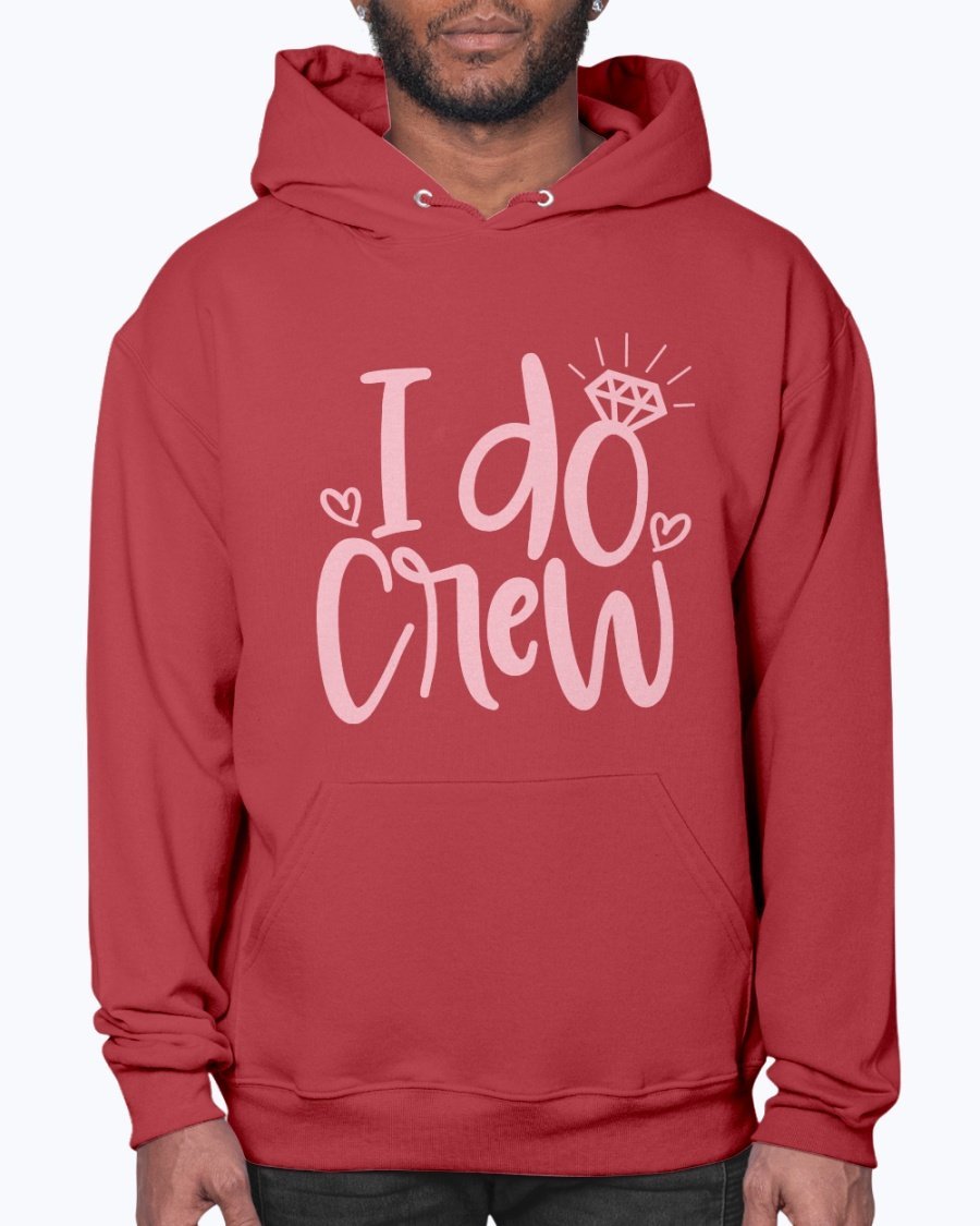 I Do Crew Bridal Hoodie in soft fleece, featuring a front pouch pocket and stylish drawcord, perfect for brides and their wedding party.