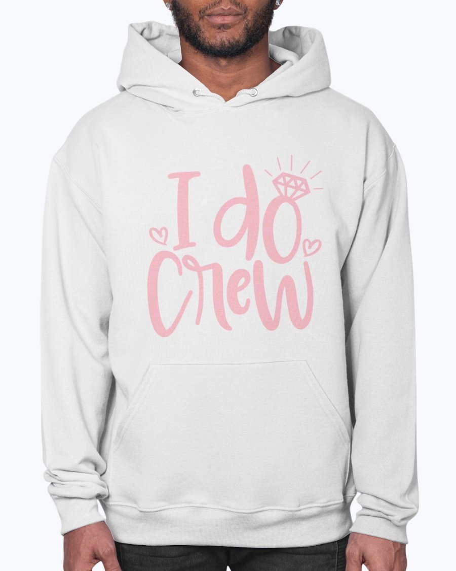 I Do Crew Bridal Hoodie in soft fleece, featuring a front pouch pocket and stylish drawcord, perfect for brides and their wedding party.