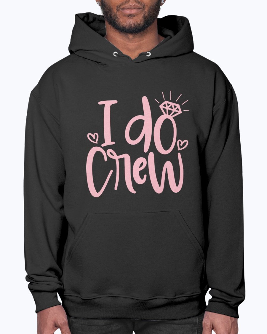 I Do Crew Bridal Hoodie in soft fleece, featuring a front pouch pocket and stylish drawcord, perfect for brides and their wedding party.