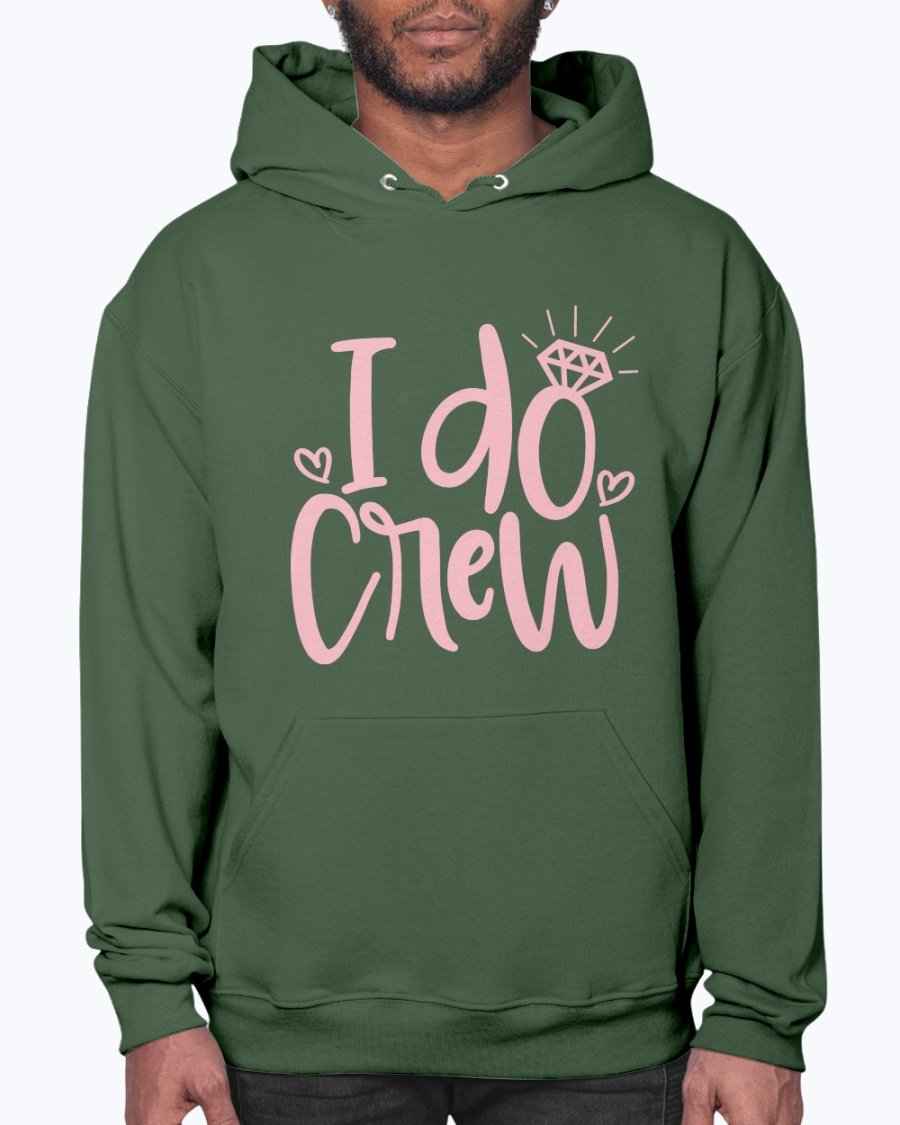 I Do Crew Bridal Hoodie in soft fleece, featuring a front pouch pocket and stylish drawcord, perfect for brides and their wedding party.