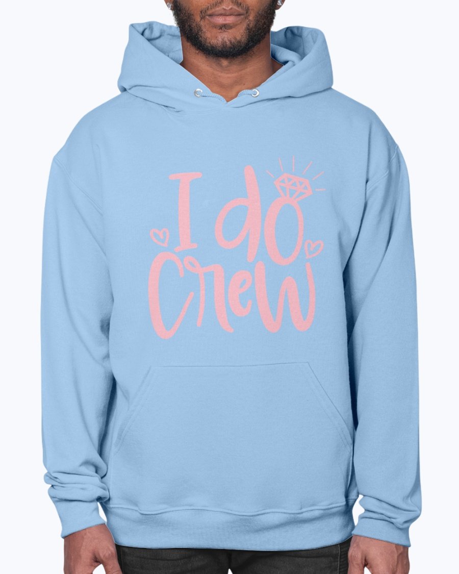 I Do Crew Bridal Hoodie in soft fleece, featuring a front pouch pocket and stylish drawcord, perfect for brides and their wedding party.