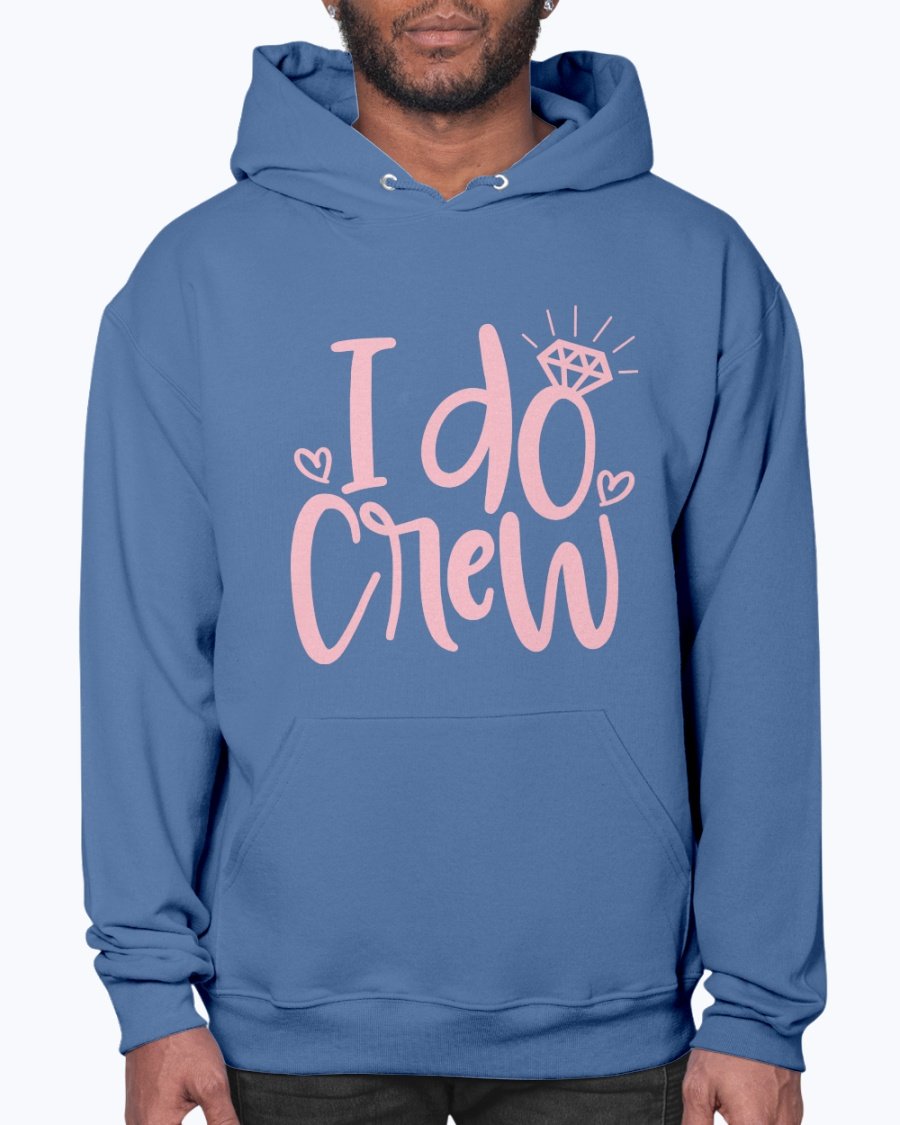 I Do Crew Bridal Hoodie in soft fleece, featuring a front pouch pocket and stylish drawcord, perfect for brides and their wedding party.