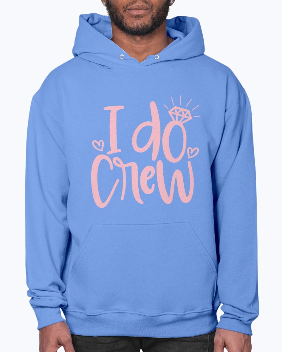 I Do Crew Bridal Hoodie in soft fleece, featuring a front pouch pocket and stylish drawcord, perfect for brides and their wedding party.