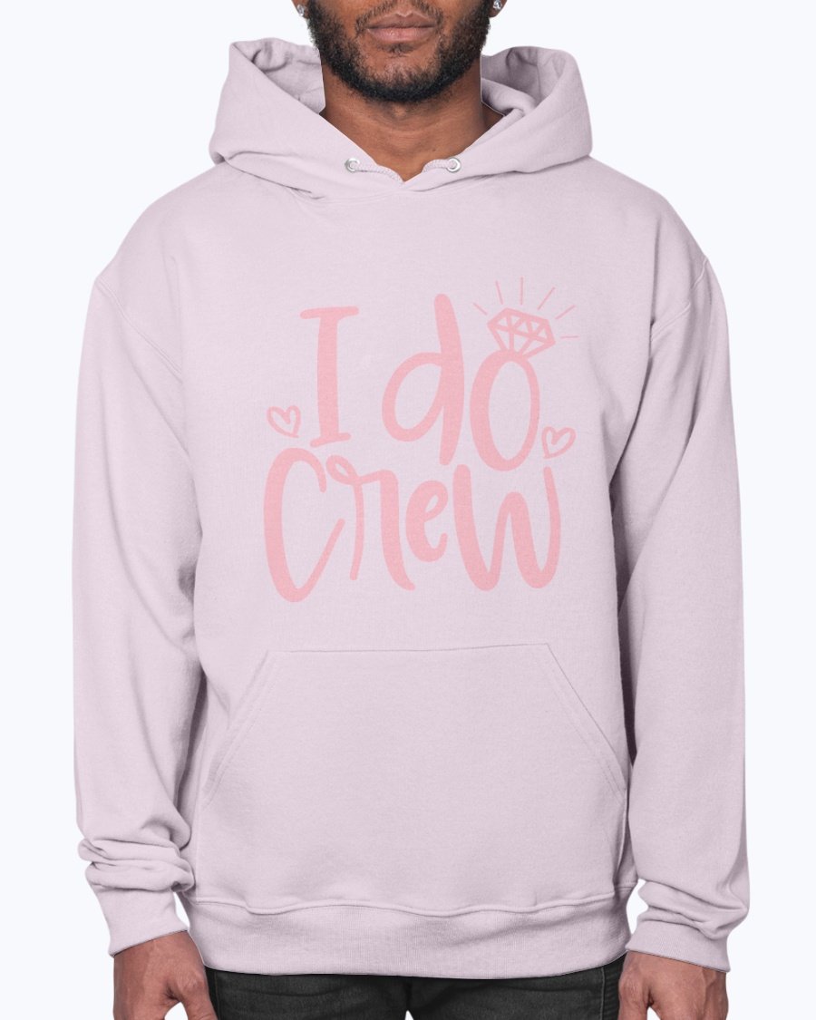 I Do Crew Bridal Hoodie in soft fleece, featuring a front pouch pocket and stylish drawcord, perfect for brides and their wedding party.