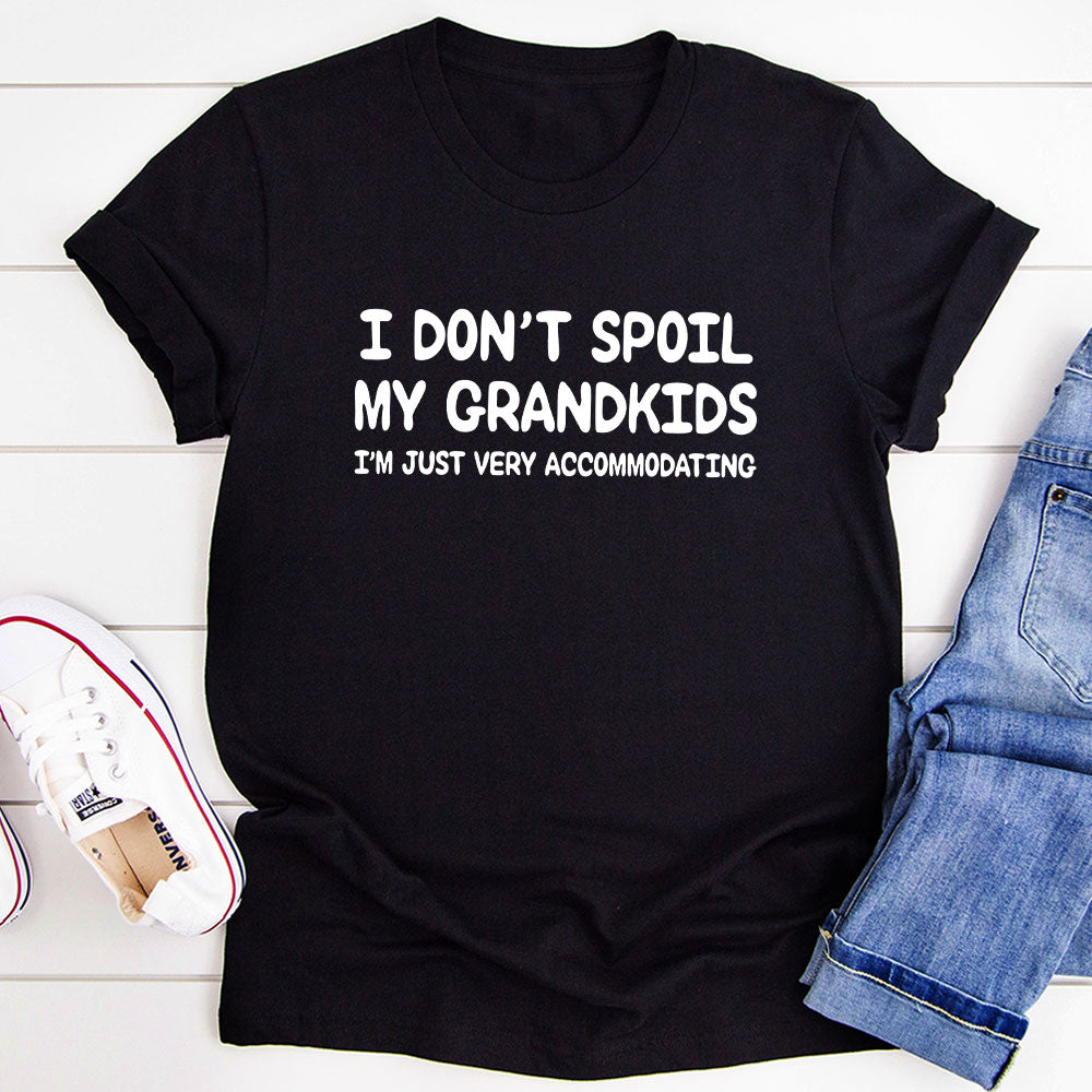 A comfortable t-shirt with the phrase 'I Don't Spoil My Grandkids' printed on it, showcasing its soft fabric and durable stitching.