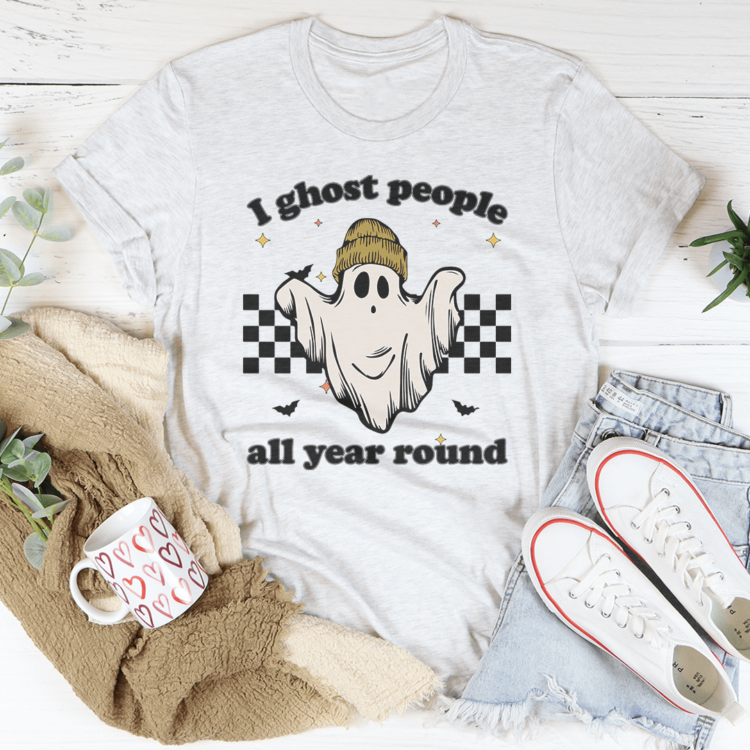 I Ghost People All Year Round T-Shirt featuring a spooky design, made from soft ring-spun cotton with double stitching for durability.