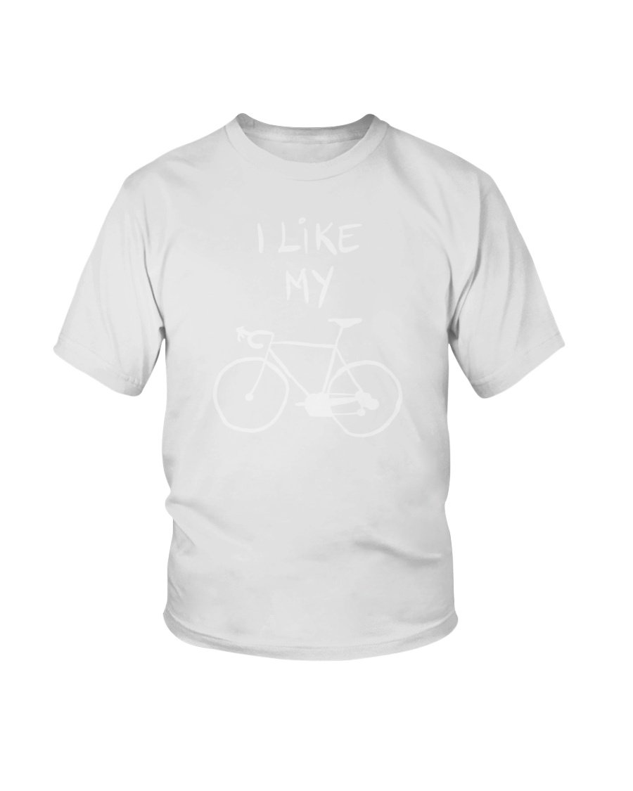 Youth unisex tee featuring 'I Like My Bike' concept art design, made from soft cotton fabric.