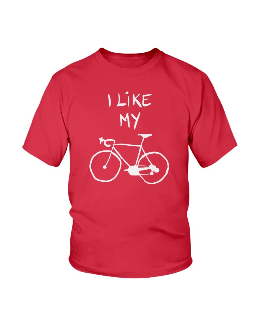 Youth unisex tee featuring 'I Like My Bike' concept art design, made from soft cotton fabric.