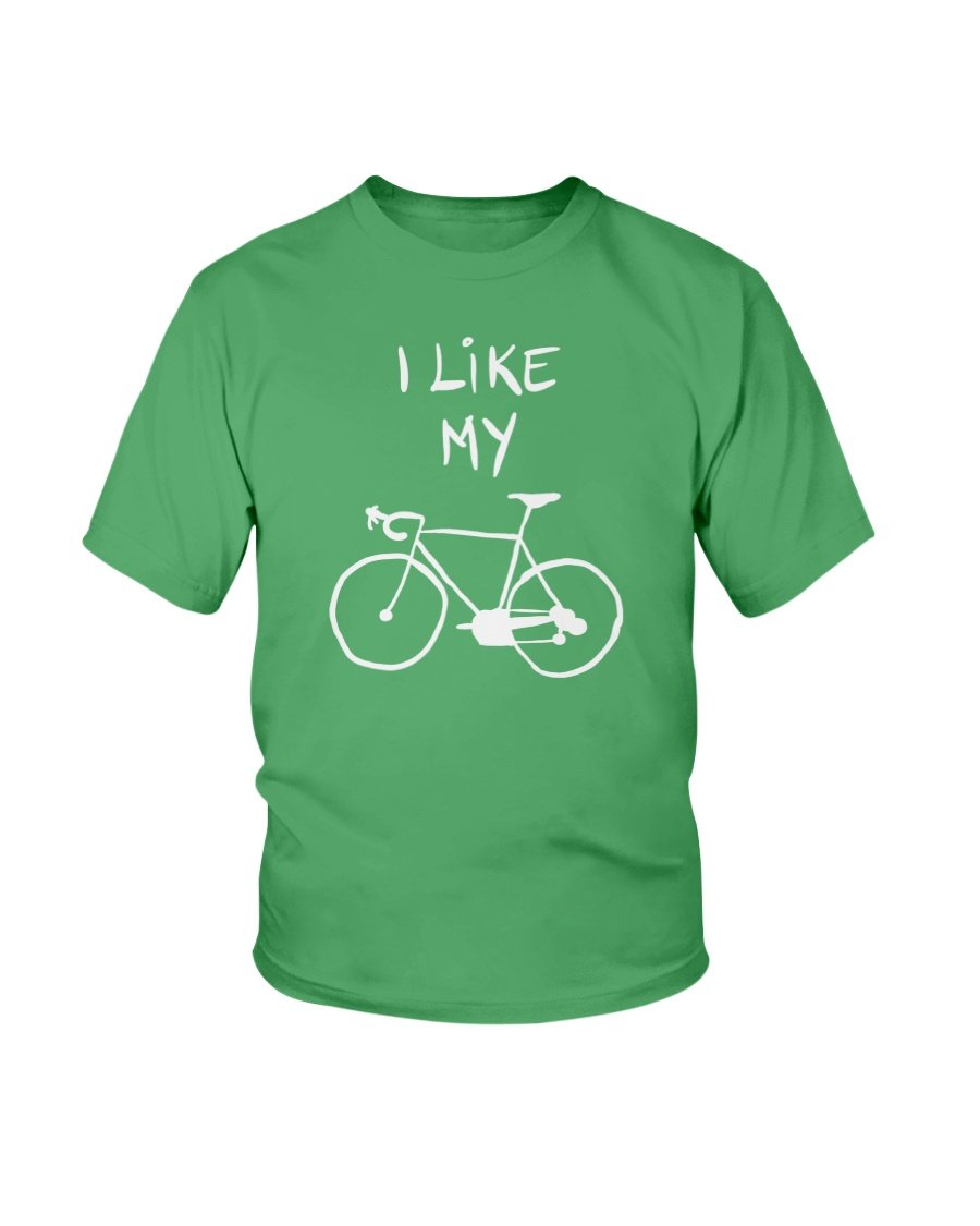 Youth unisex tee featuring 'I Like My Bike' concept art design, made from soft cotton fabric.