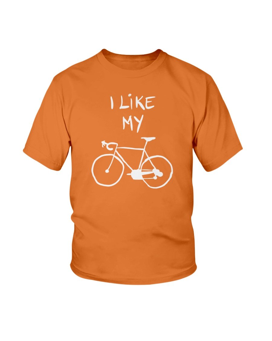 Youth unisex tee featuring 'I Like My Bike' concept art design, made from soft cotton fabric.