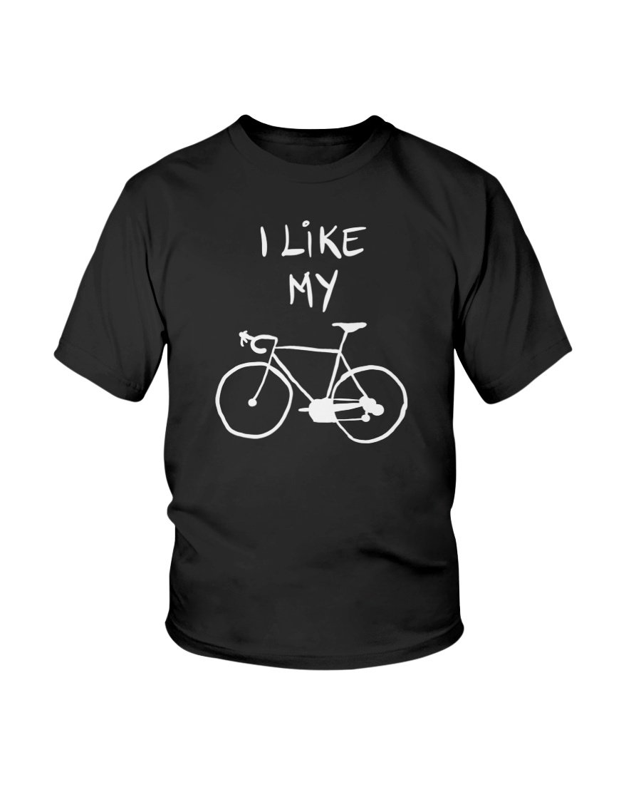 Youth unisex tee featuring 'I Like My Bike' concept art design, made from soft cotton fabric.