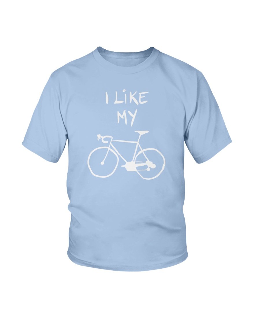 Youth unisex tee featuring 'I Like My Bike' concept art design, made from soft cotton fabric.