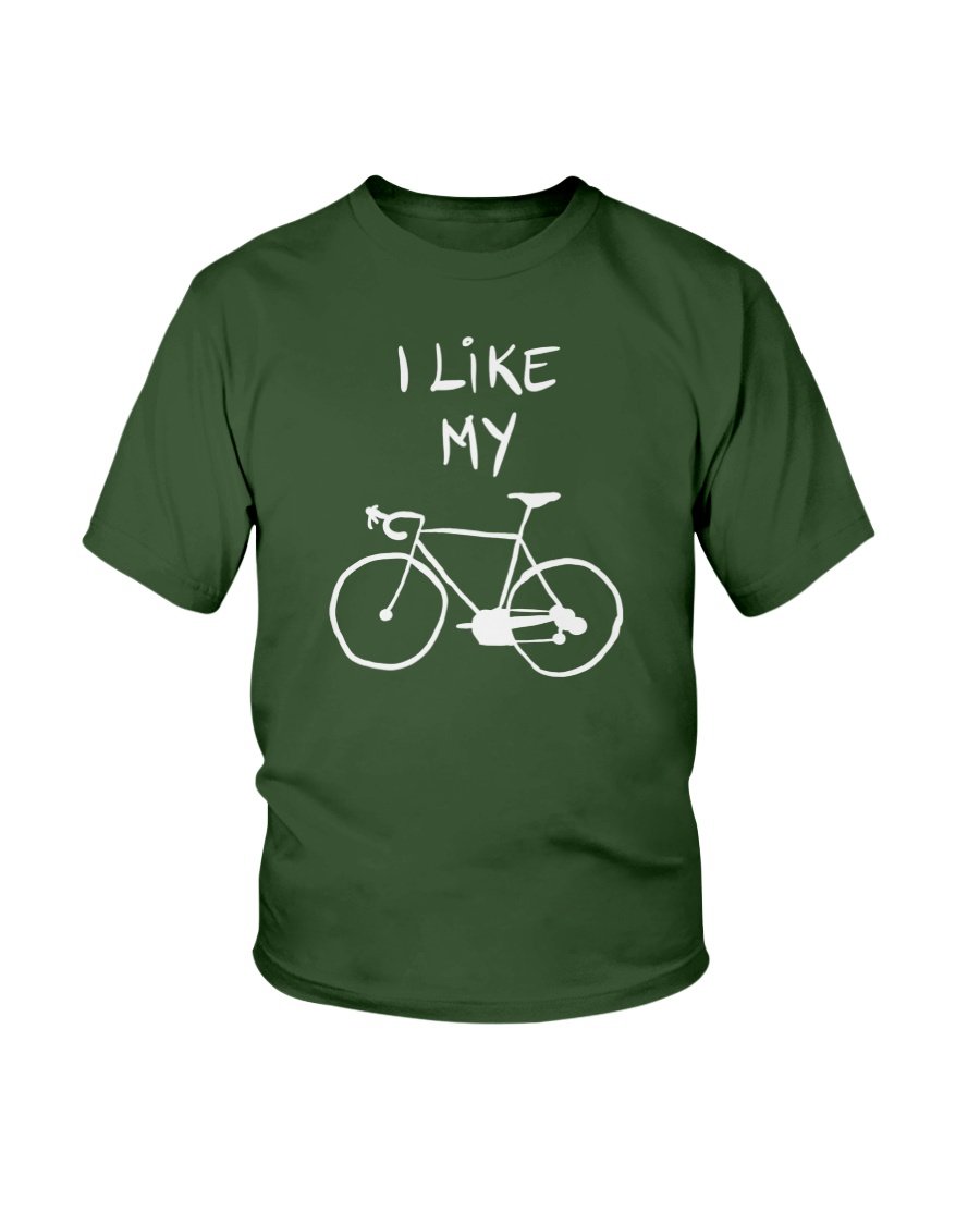 Youth unisex tee featuring 'I Like My Bike' concept art design, made from soft cotton fabric.