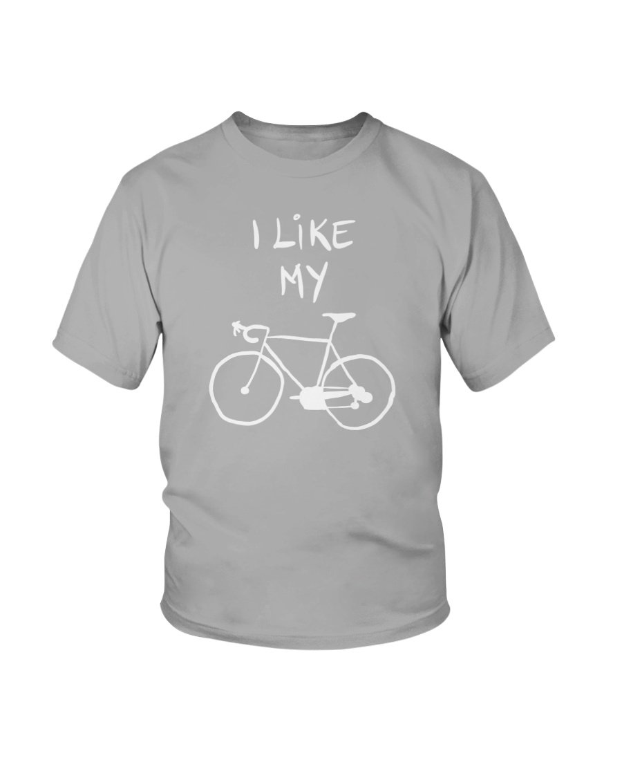 Youth unisex tee featuring 'I Like My Bike' concept art design, made from soft cotton fabric.