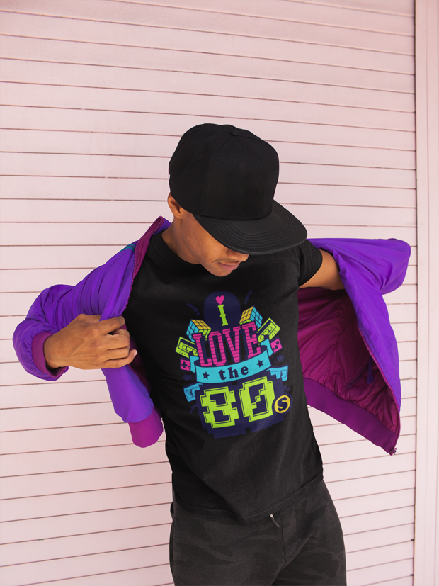 I Love 80's T-shirt made from soft ringspun cotton, featuring a vibrant retro design.