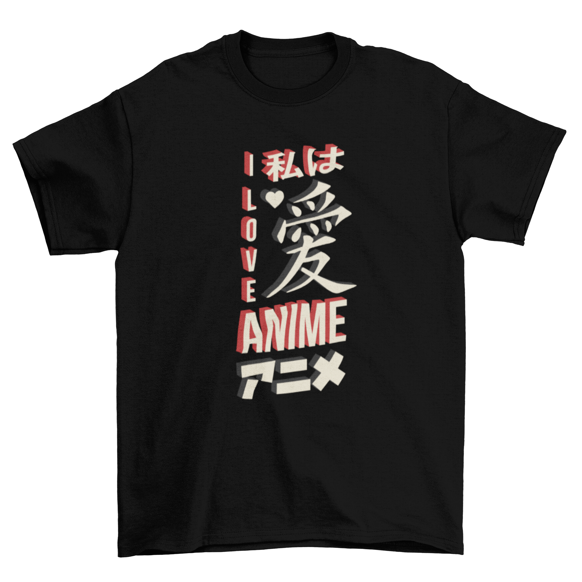 I Love Anime lettering T-shirt design featuring bold text and Japanese characters, suitable for various merchandise.