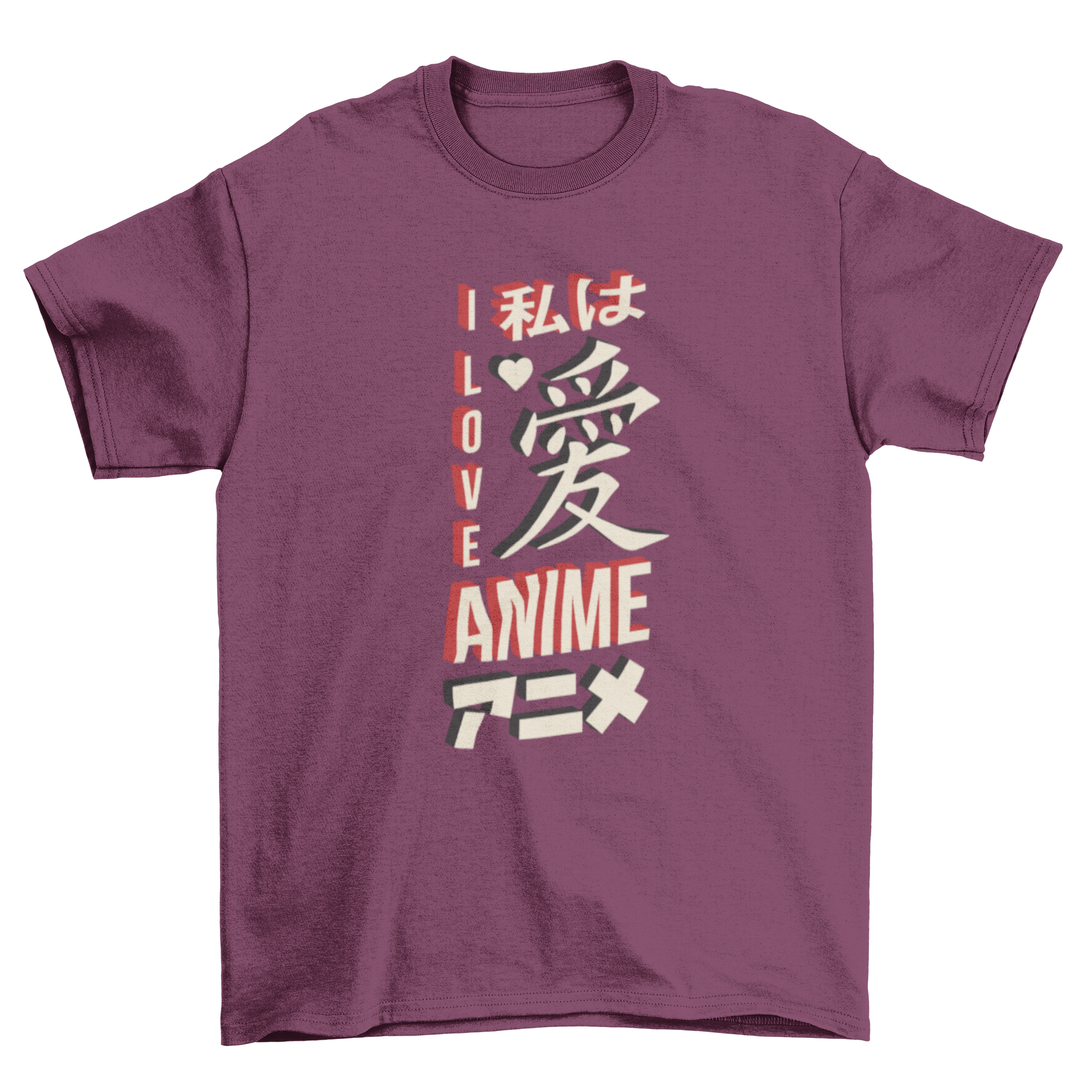 I Love Anime lettering T-shirt design featuring bold text and Japanese characters, suitable for various merchandise.