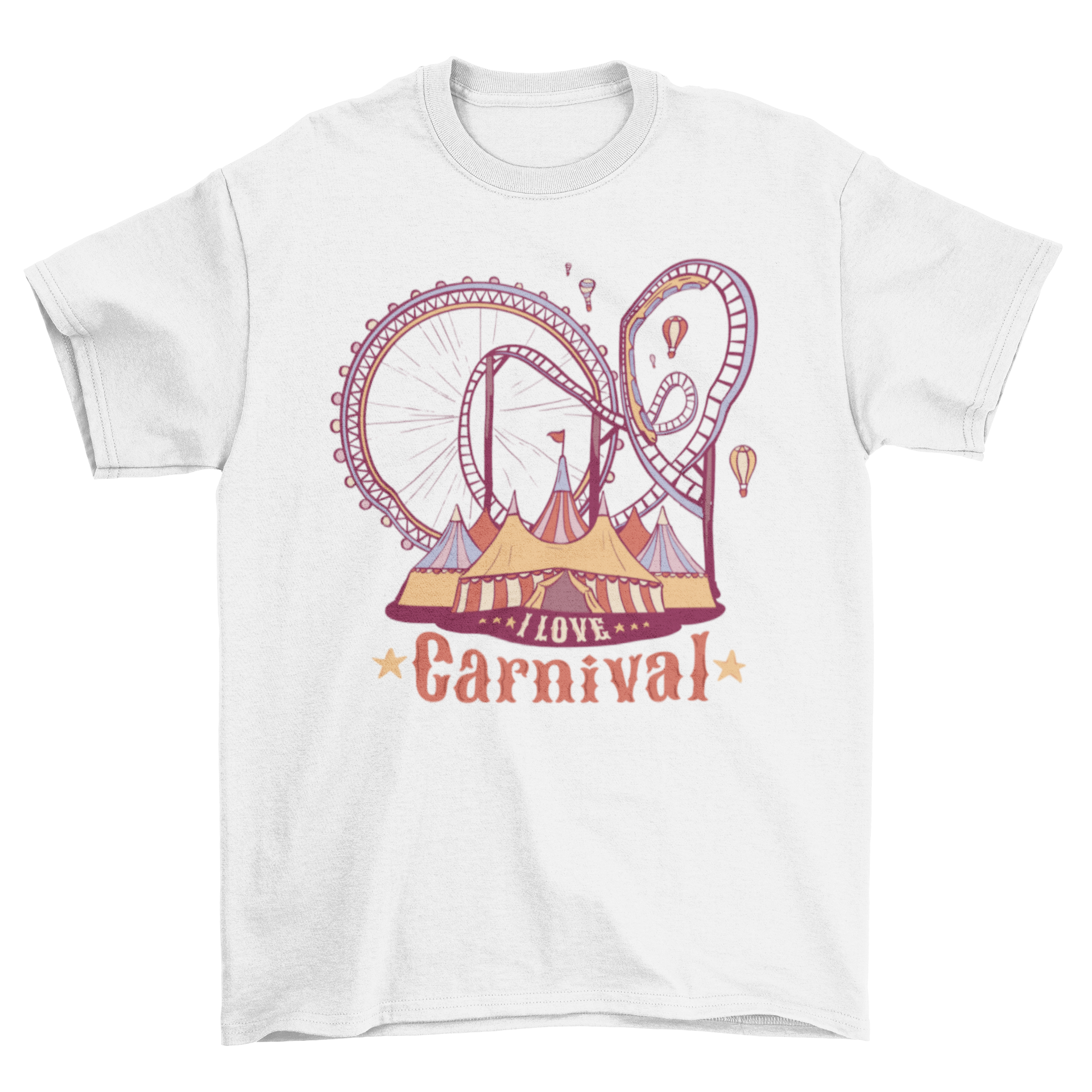 I Love Carnival t-shirt featuring a colorful roller coaster design and bold text.