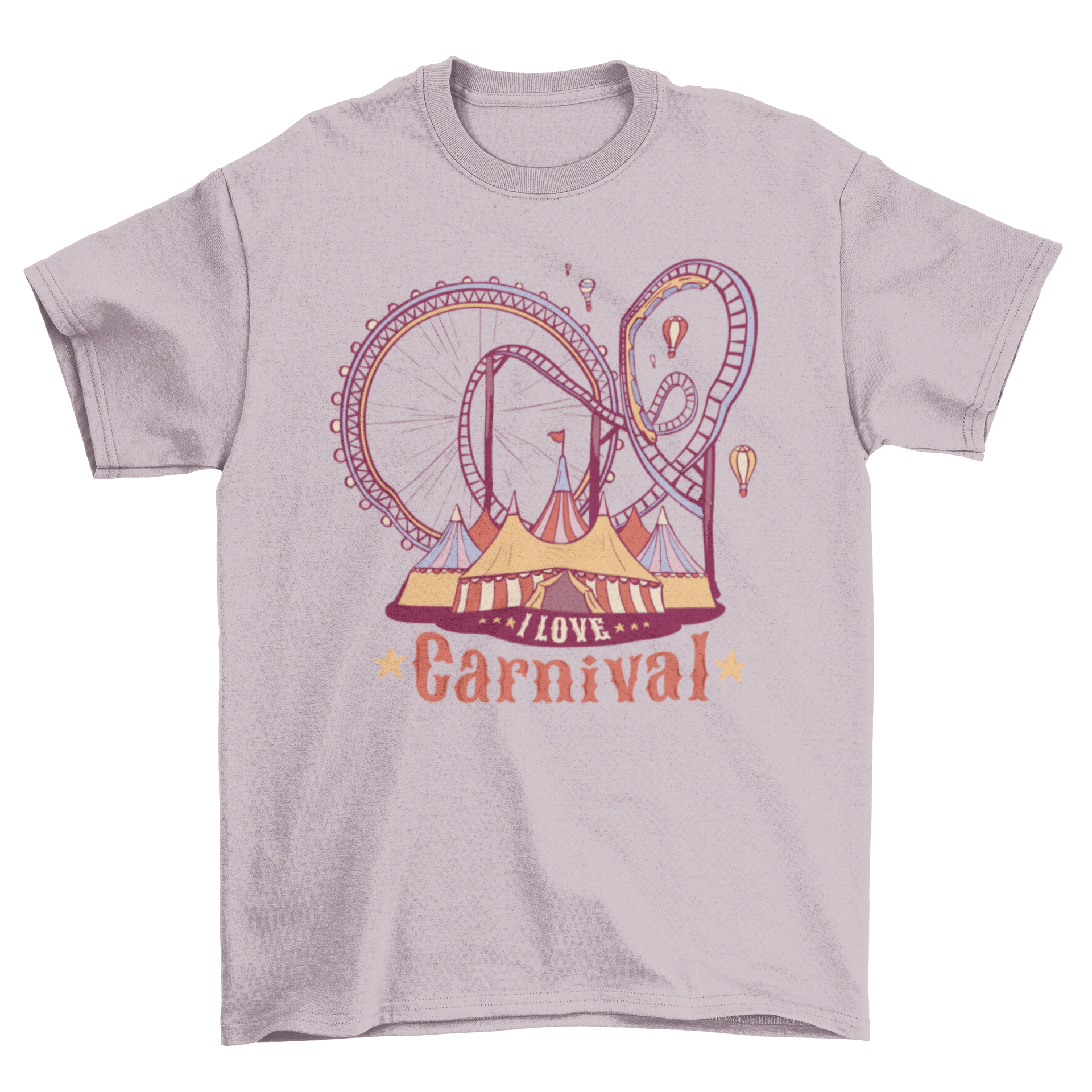 I Love Carnival t-shirt featuring a colorful roller coaster design and bold text.