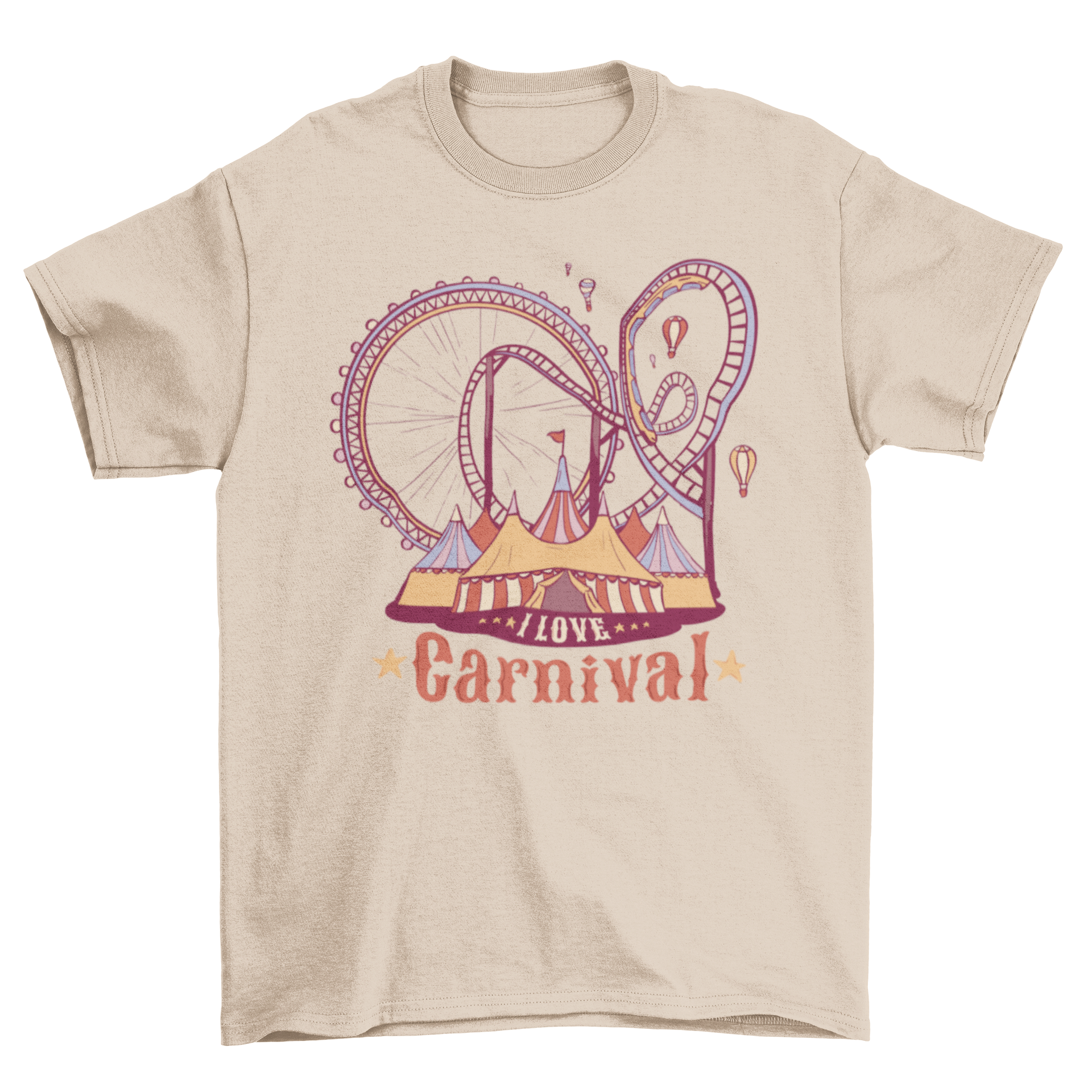 I Love Carnival t-shirt featuring a colorful roller coaster design and bold text.