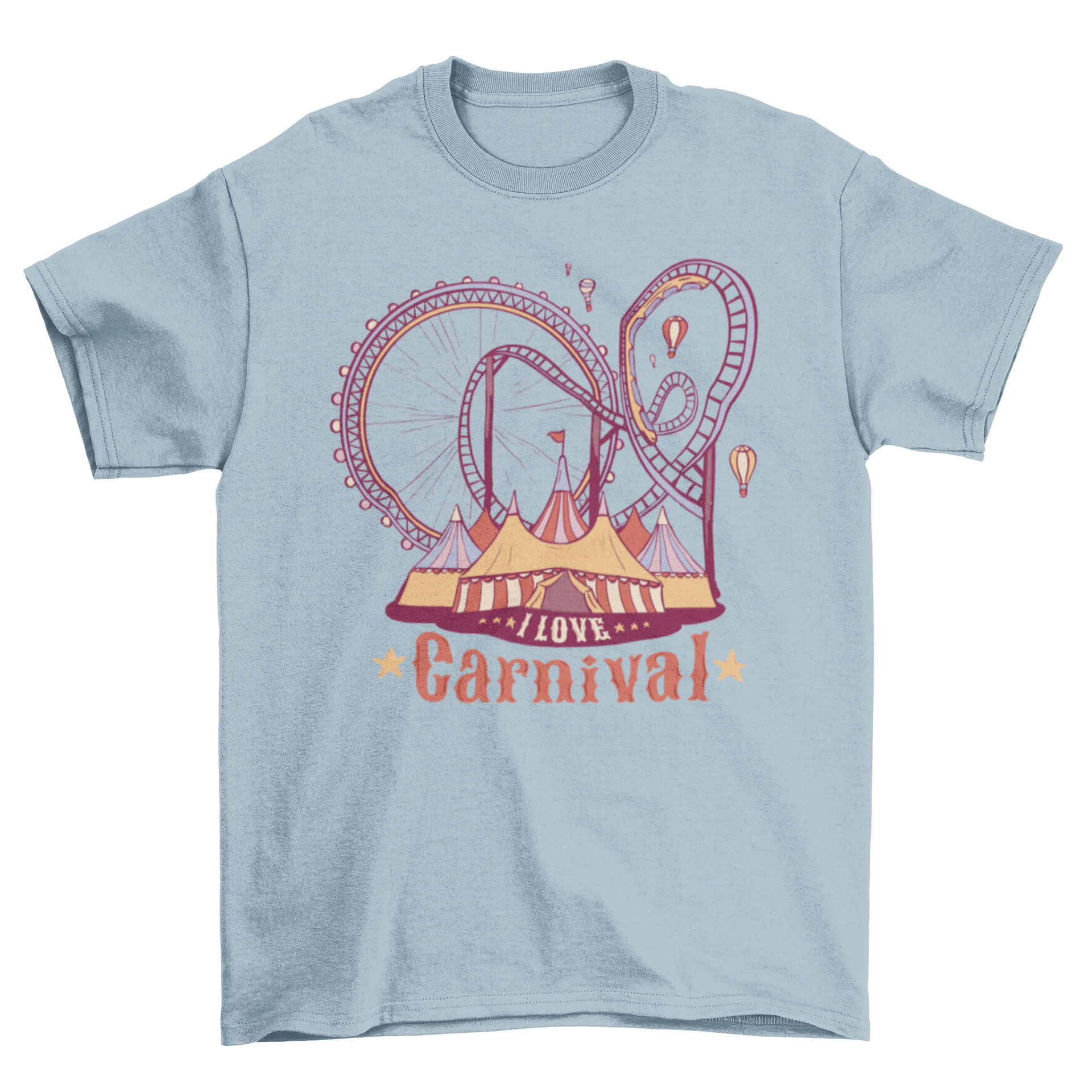 I Love Carnival t-shirt featuring a colorful roller coaster design and bold text.