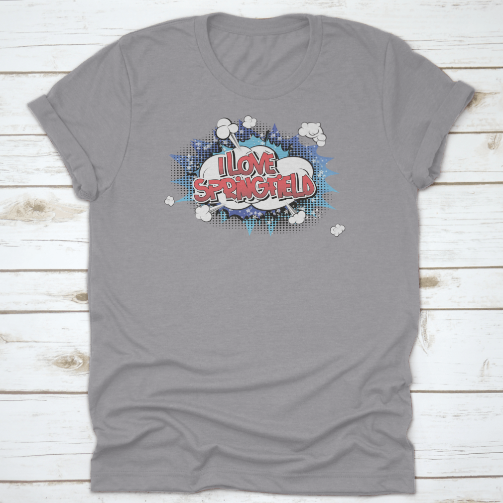 A stylish 'I Love Springfield' t-shirt featuring comic book style lettering, made from soft cotton fabric.