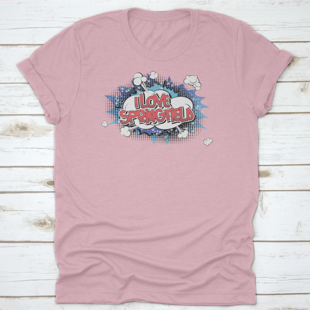 A stylish 'I Love Springfield' t-shirt featuring comic book style lettering, made from soft cotton fabric.