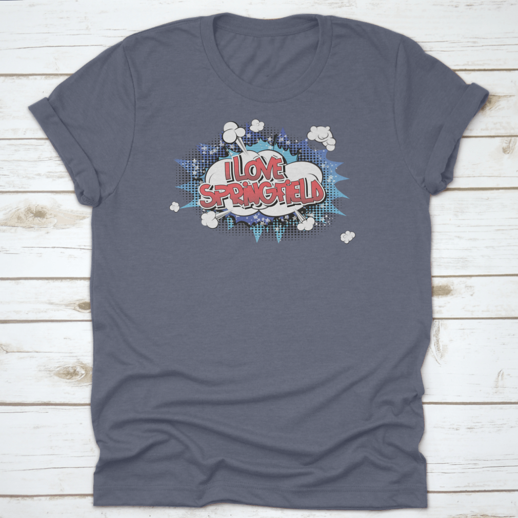 A stylish 'I Love Springfield' t-shirt featuring comic book style lettering, made from soft cotton fabric.