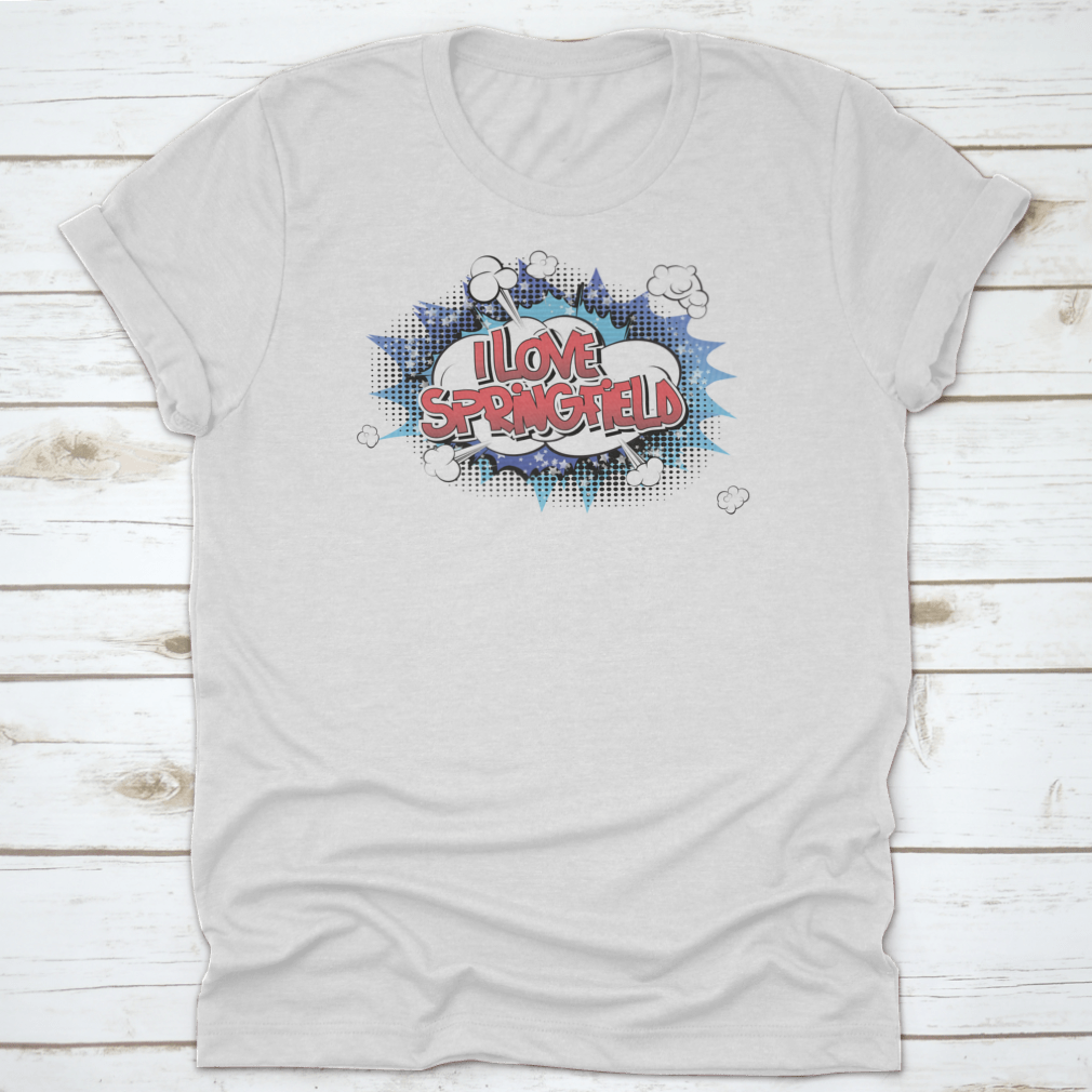 A stylish 'I Love Springfield' t-shirt featuring comic book style lettering, made from soft cotton fabric.